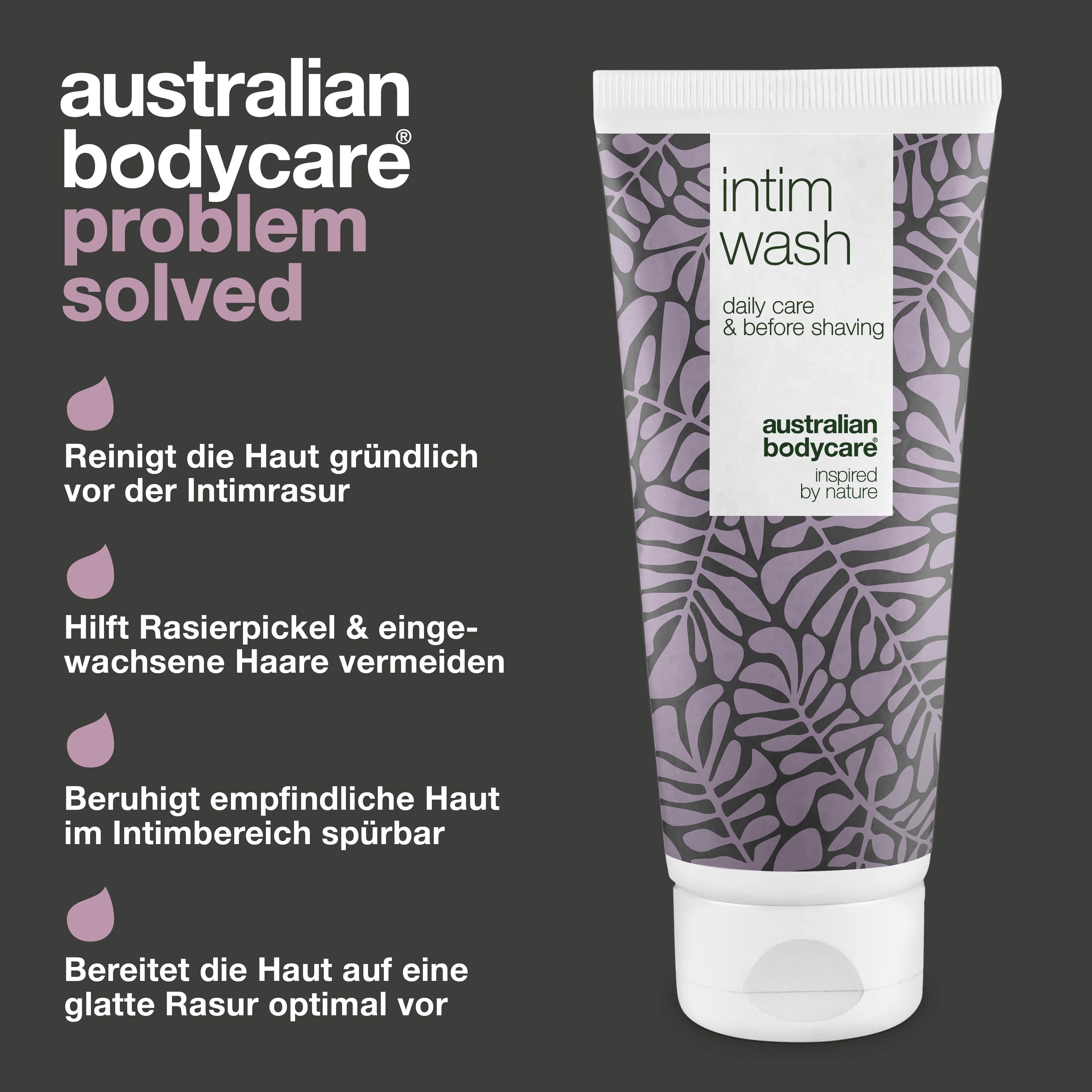 Bild mit Problem/Lösung. Links: Person, Intimbereich. Rechts: Tube Intim Wash. Text: Rasierklingenbeulen, eingewachsene Haare.