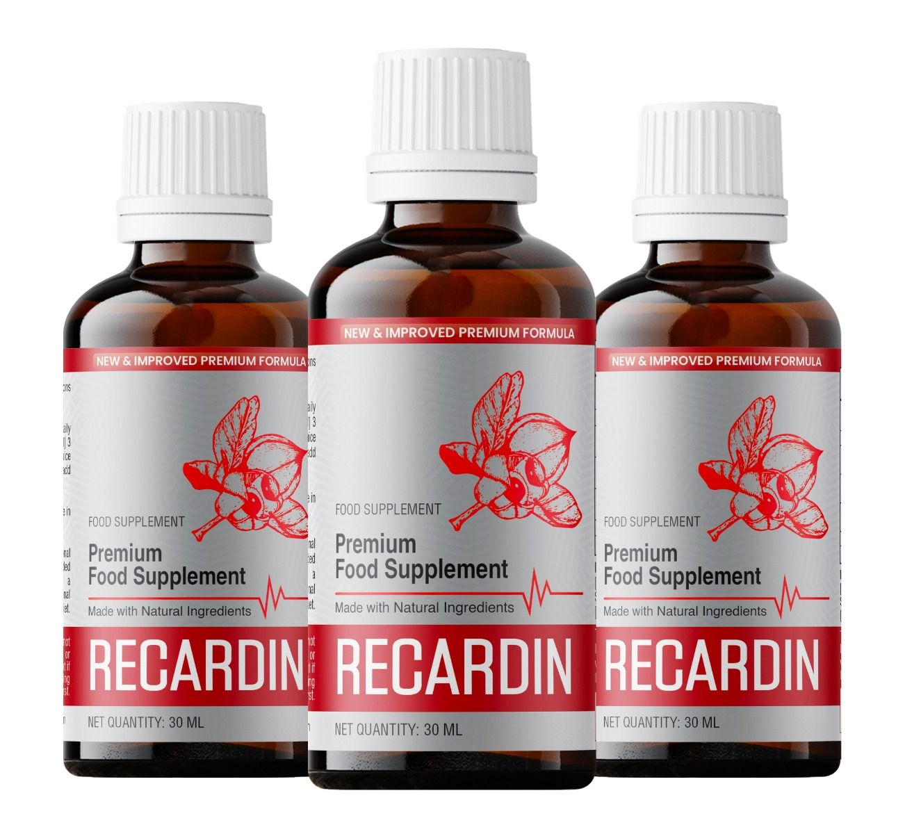 Drei braune Glasflaschen mit weißen Deckeln. Rote Etiketten mit Produktname und floralem Design. Aufschrift: Nahrungsergänzungsmittel.