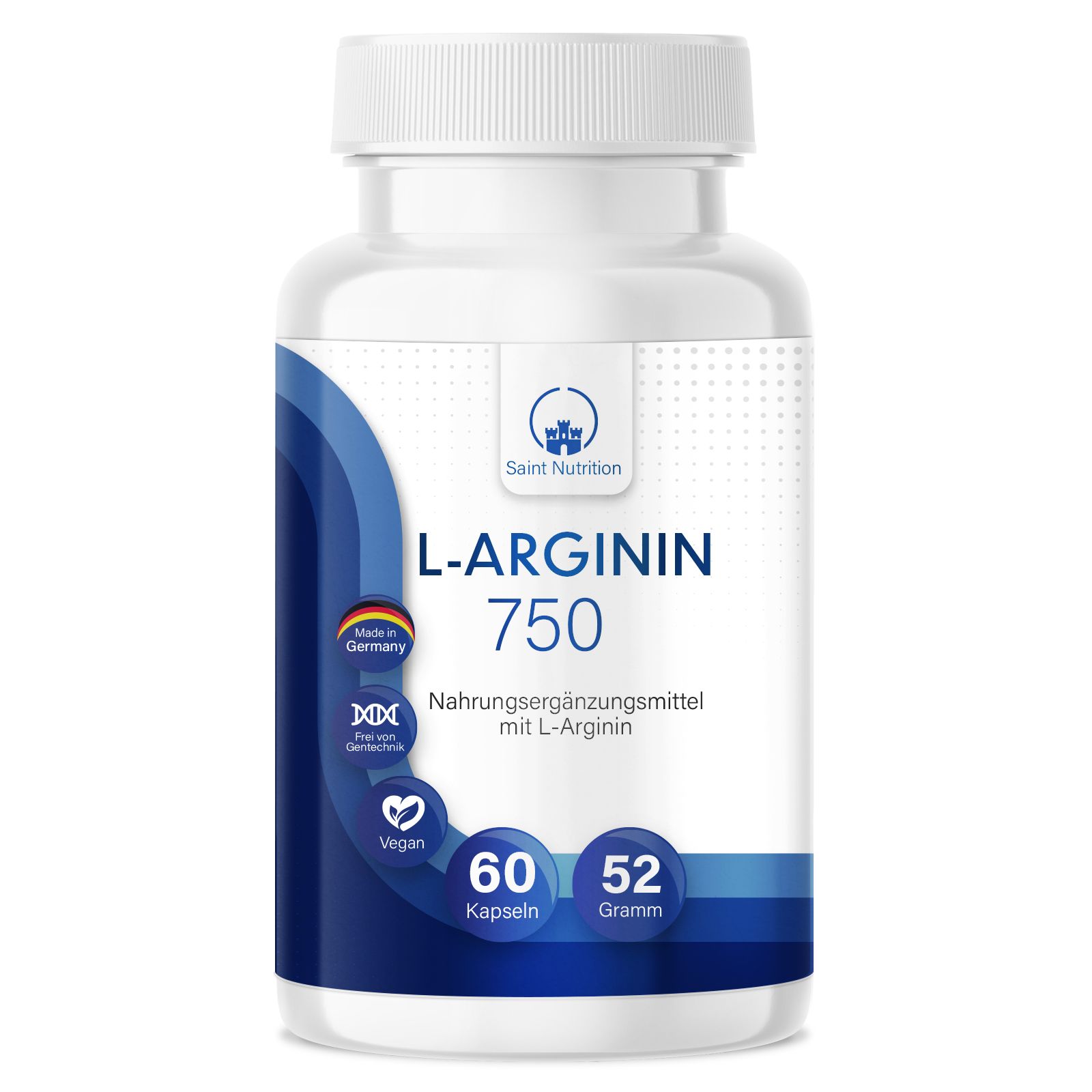 Weiße Flasche mit Kapseln. Aufschrift: L-Arginin 750, 60 Kapseln, 52 Gramm. Logo: Saint Nutrition. Hergestellt in Deutschland.