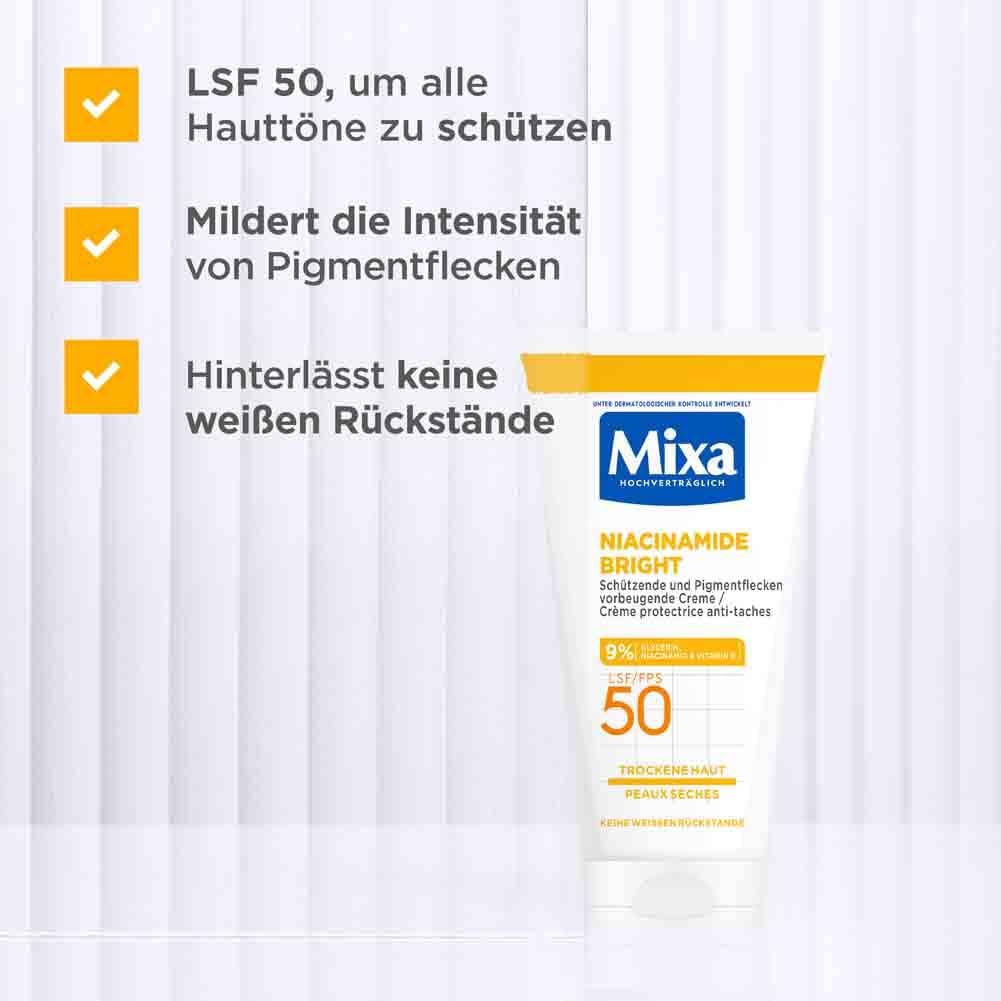 Tube Mixa Bright, LSF 50. Aufschrift: Schützt, mildert Pigmentflecken, keine weißen Rückstände. Gelber Deckel, weißer Tubenkörper.
