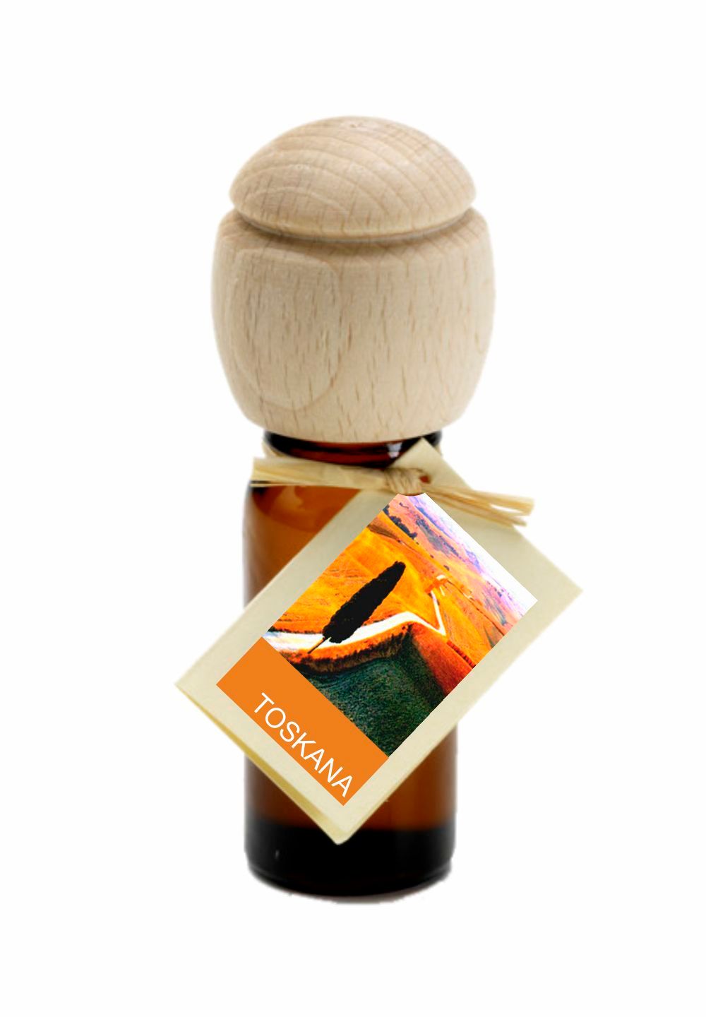 Braune Glasflasche mit Holzverschluss und Anhänger. Auf dem Anhänger steht "TOSKANA".