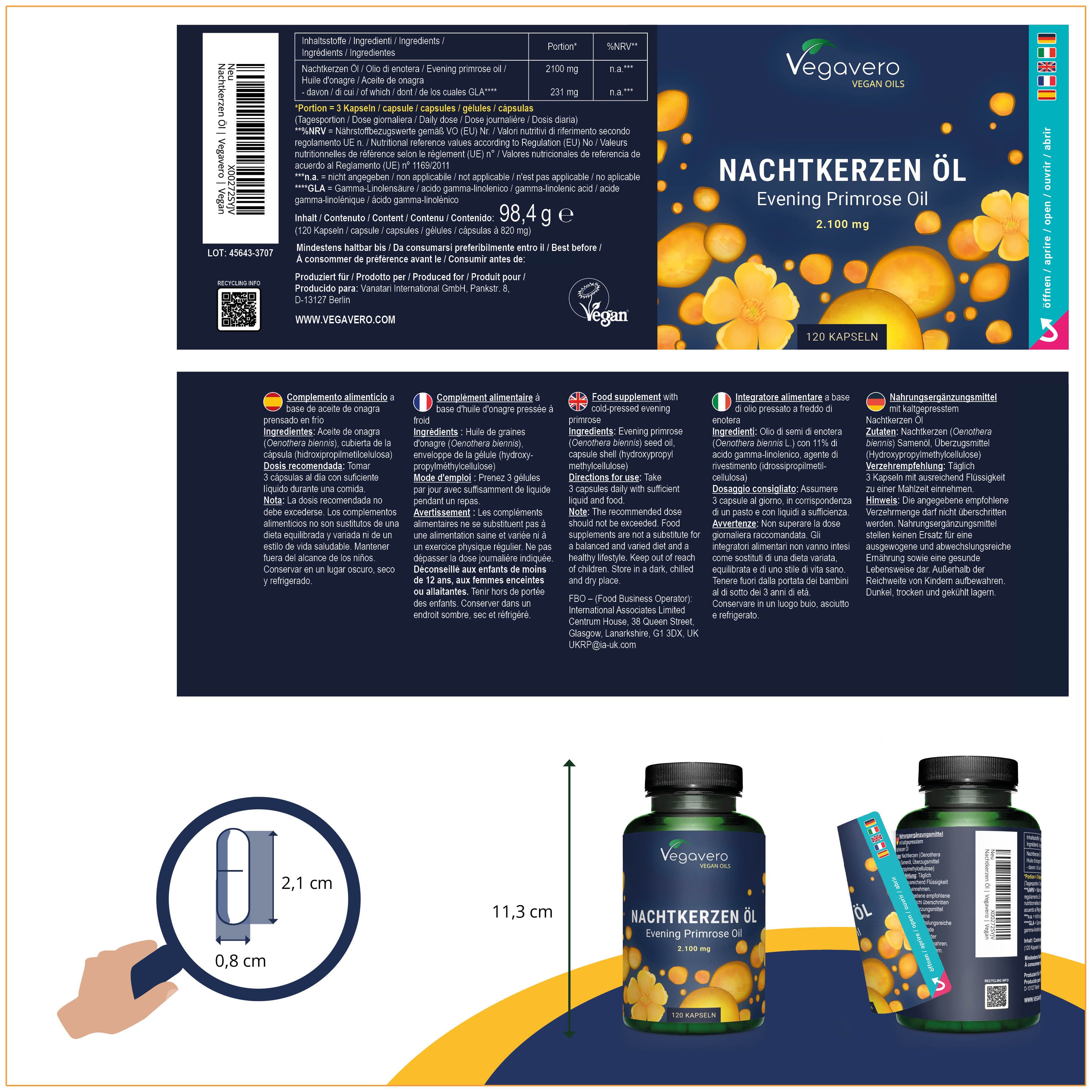 Produktverpackung mit Flasche und Beipackzettel. Maße: 11,3 cm hoch, 2,1 cm breit. Aufschrift: Nachtkerzen Öl, 120 Kapseln.
