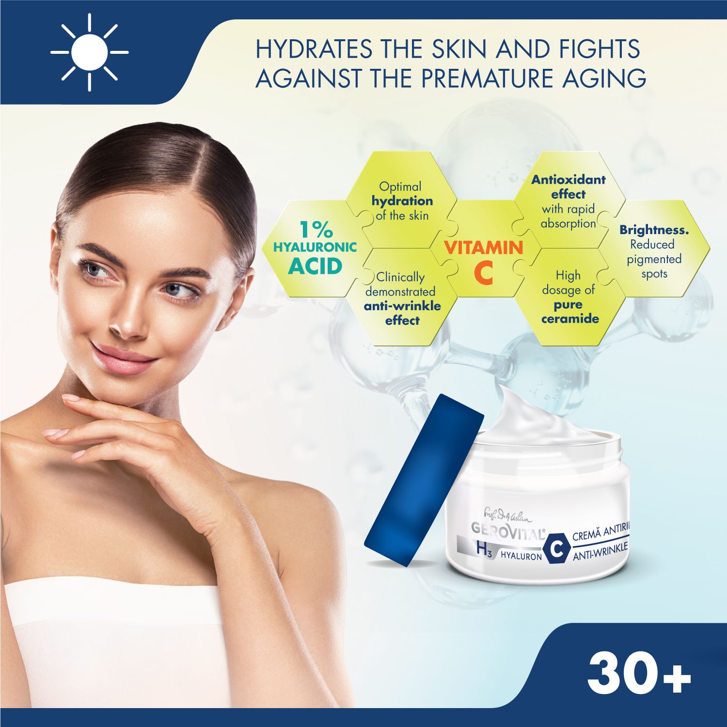 Frau mit Creme-Tiegel. Text: Hydratisiert die Haut und bekämpft vorzeitige Alterung. 1% Hyaluronsäure, Vitamin C.