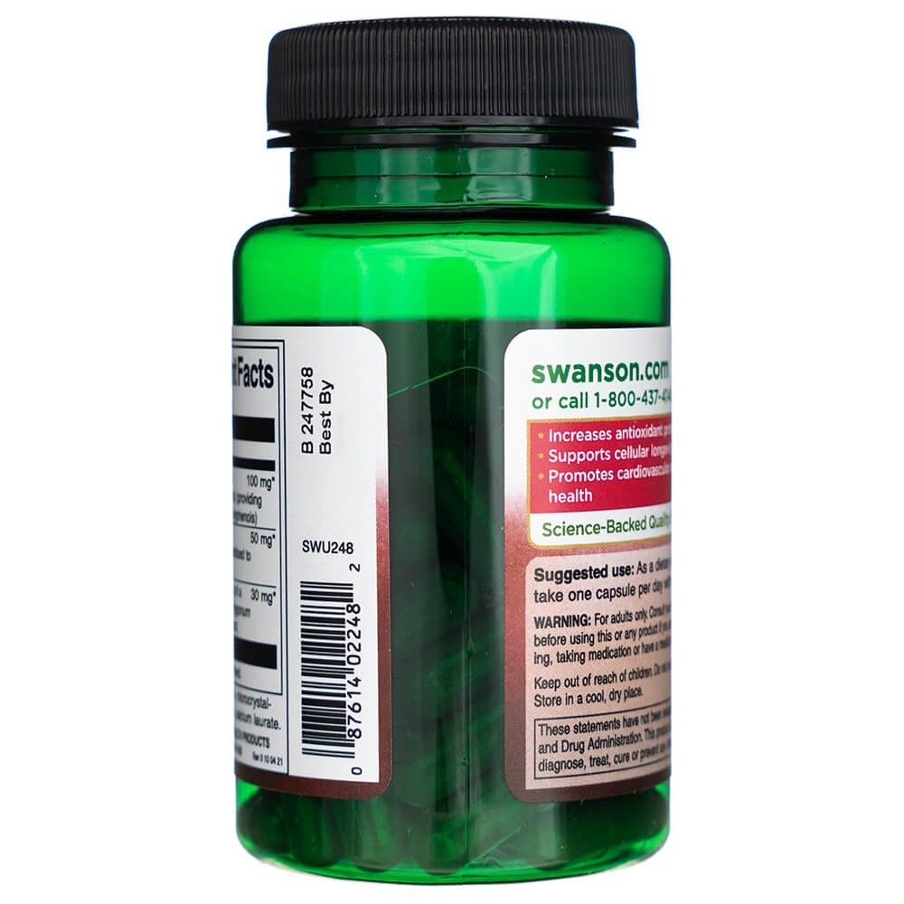 Seite einer Flasche Swanson Resveratrol Complex mit Anwendungshinweisen und Warnungen.