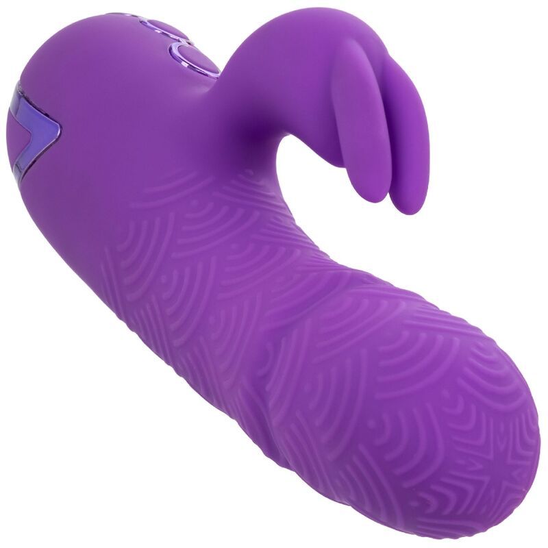 Lila Vibrator mit Hasenohren. Oberteil mit wellenförmigem Muster. Drei Knöpfe unten.