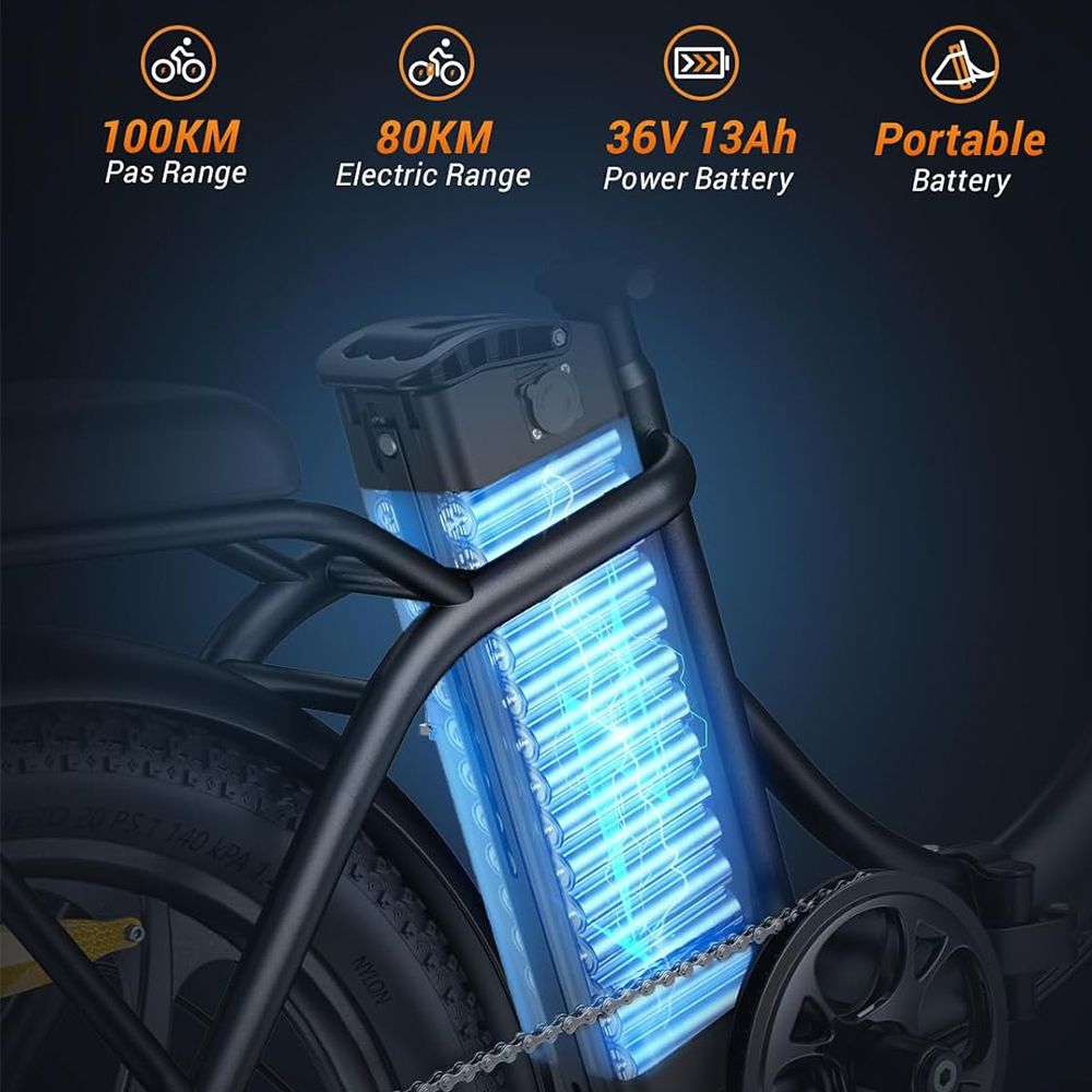 E-Bike-Akku mit Aufschriften: 100 km Reichweite, 80 km elektrische Reichweite, 36V 13Ah Akku, tragbarer Akku. Schwarzer Rahmen.