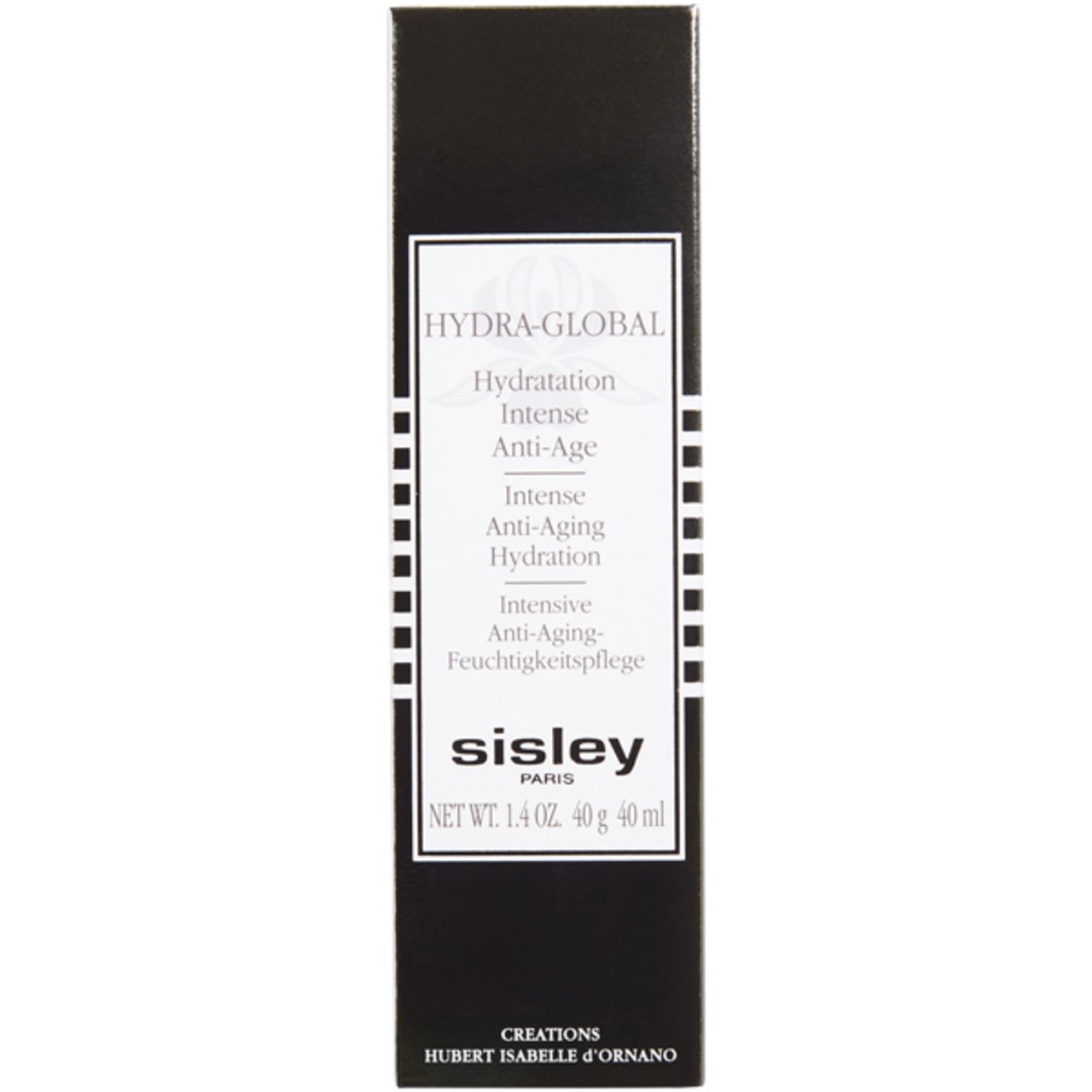 Schwarze Verpackung mit Sisley Hydra-Global-Etikett. Text: Hydratation Intense Anti-Age, Intense Anti-Aging Hydration. Nettoinhalt: 1.4 oz 40 g 40 ml.