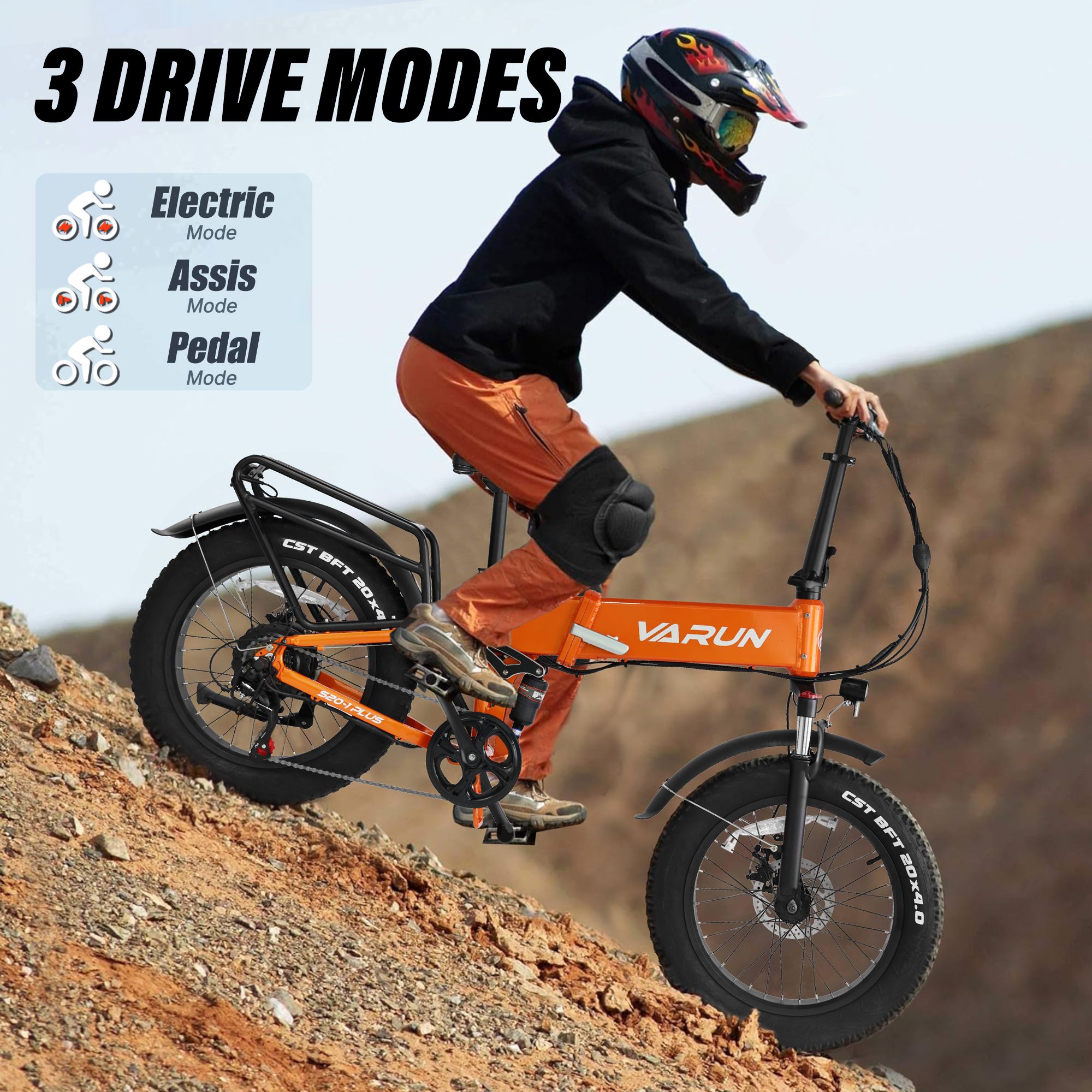 Orangefarbenes Elektrofahrrad VARUN S20-2 mit 3 Fahrmodi. Person fährt auf dem Rad. Hintergrund: hügelige Landschaft.