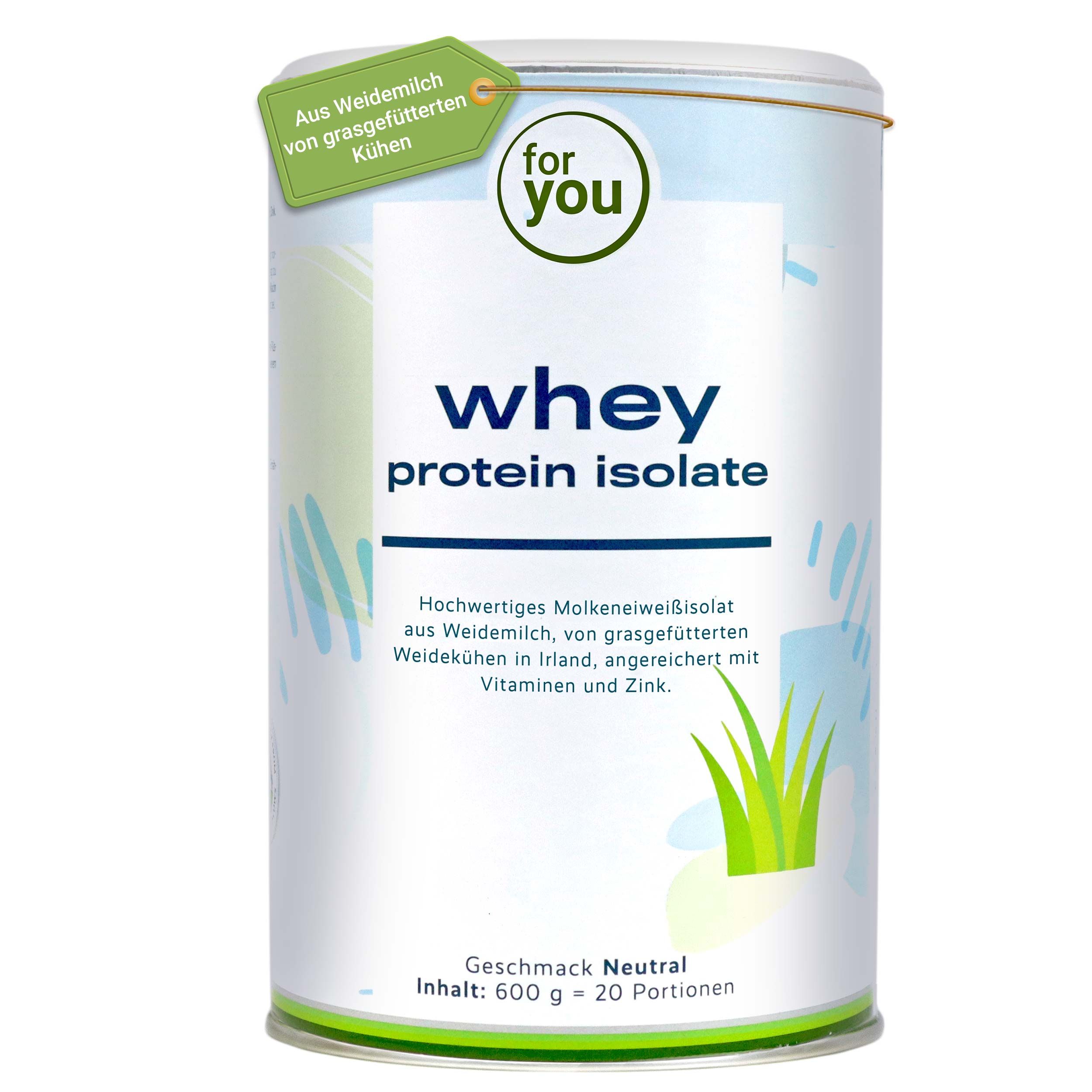 Dose Whey Protein Isolat, 600g, neutraler Geschmack. Aus Weidemilch von grasgefütterten Kühen, angereichert mit Vitaminen und Zink.
