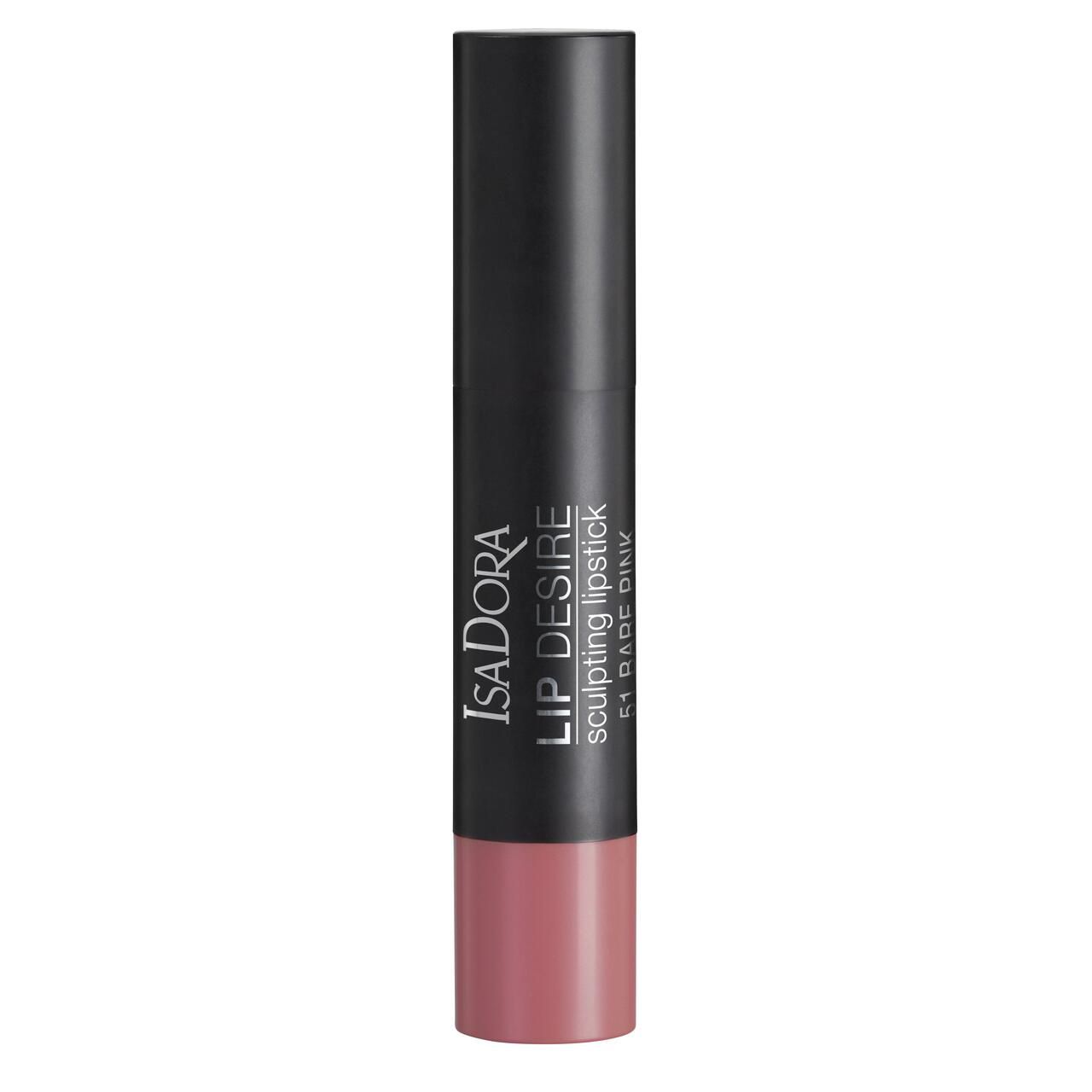IsaDora Lip Desire Sculpting Lipstick, geschlossen. Schwarzer Stift mit rosafarbenem Ende. Schriftzug und Farbtonbezeichnung.
