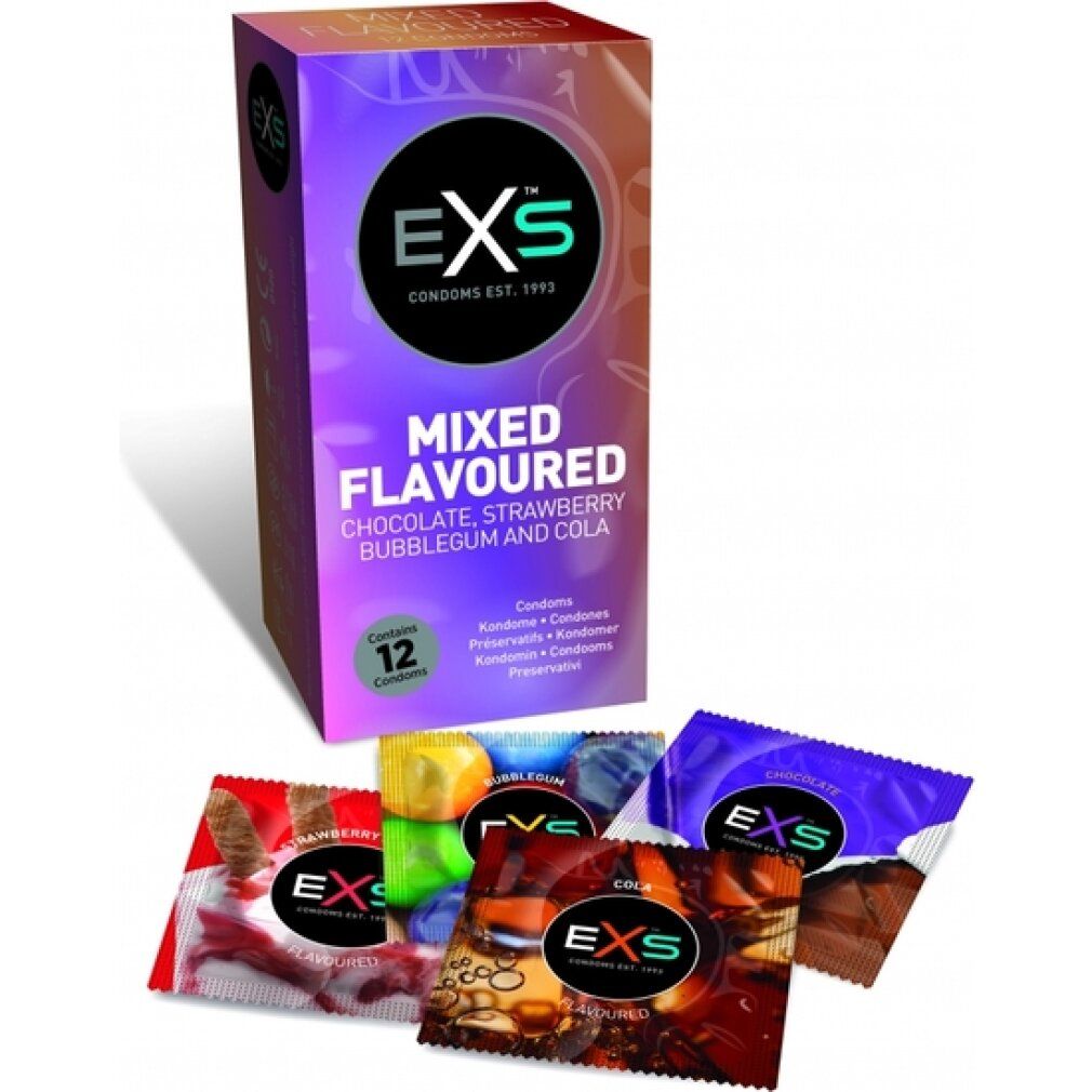 Schachtel mit 12 Kondomen, gemischte Geschmacksrichtungen. EXS-Logo. Aromen: Schokolade, Erdbeere, Bubblegum, Cola. Einzelverpackungen.