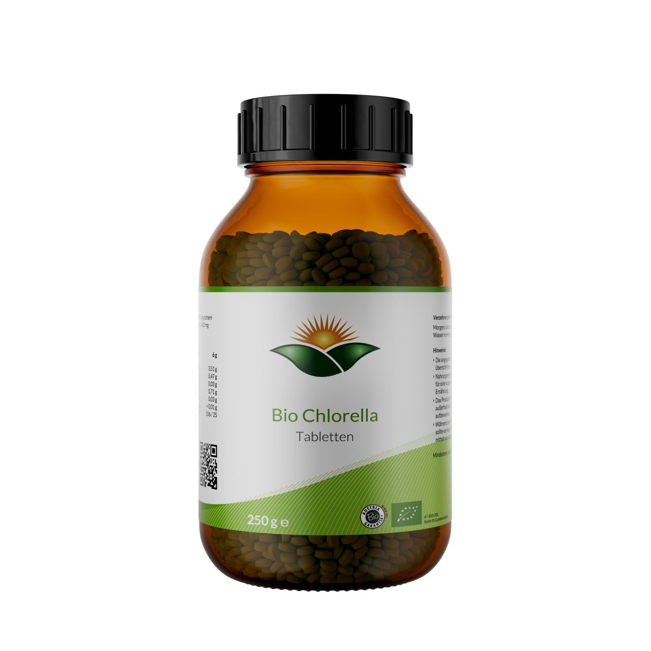 Braune Glasflasche mit schwarzen Deckel. Etikett mit Produktname, Logo und Bio-Siegel. Grüne Tabletten sichtbar.