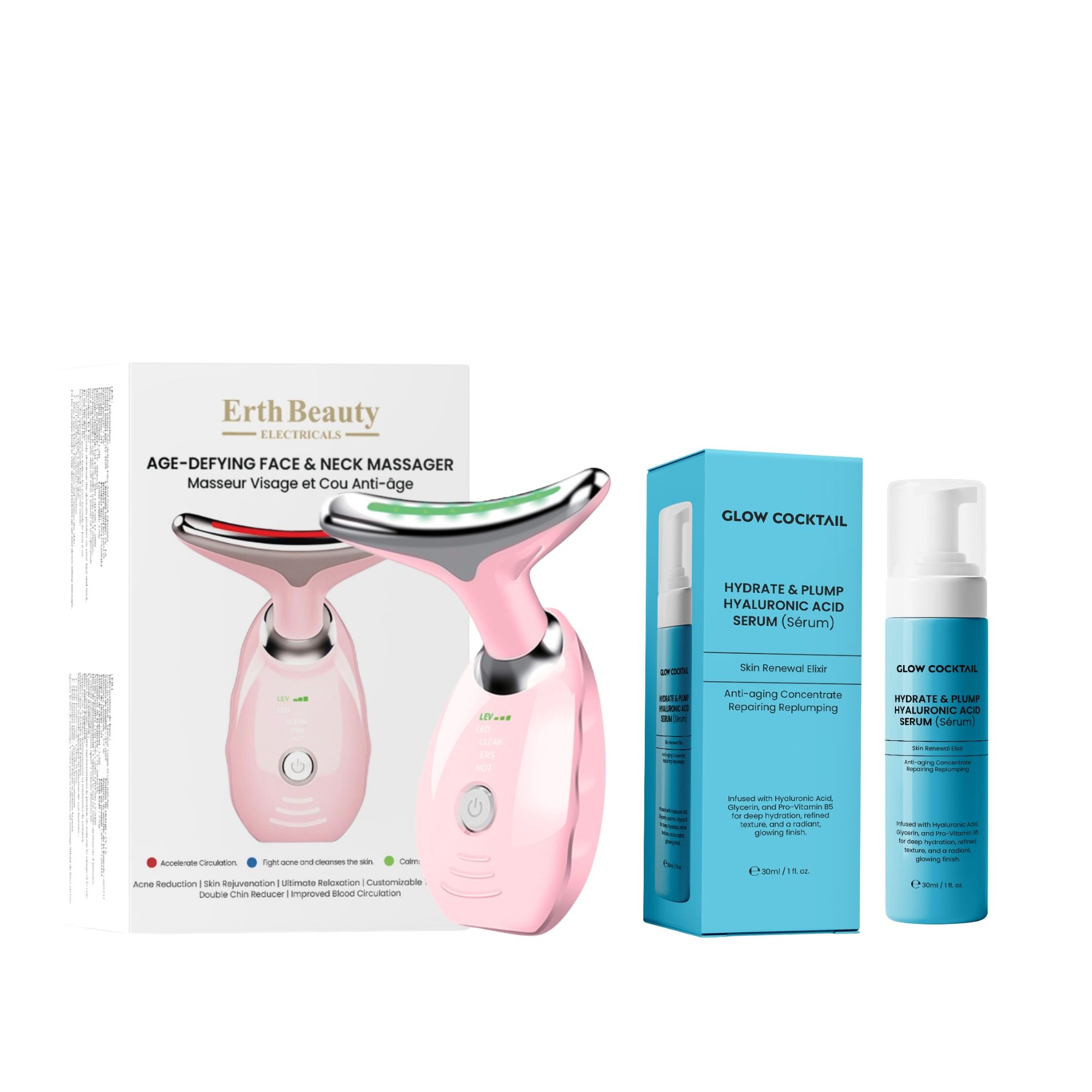 Glow Cocktail Massaggiatore Anti Età per Viso e Collo Rosa con Siero all Acido Ialuronico