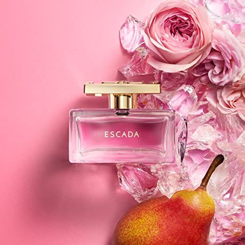 Escada Eau de Parfum Flakon mit Rosen, Birne und Glasstücken.