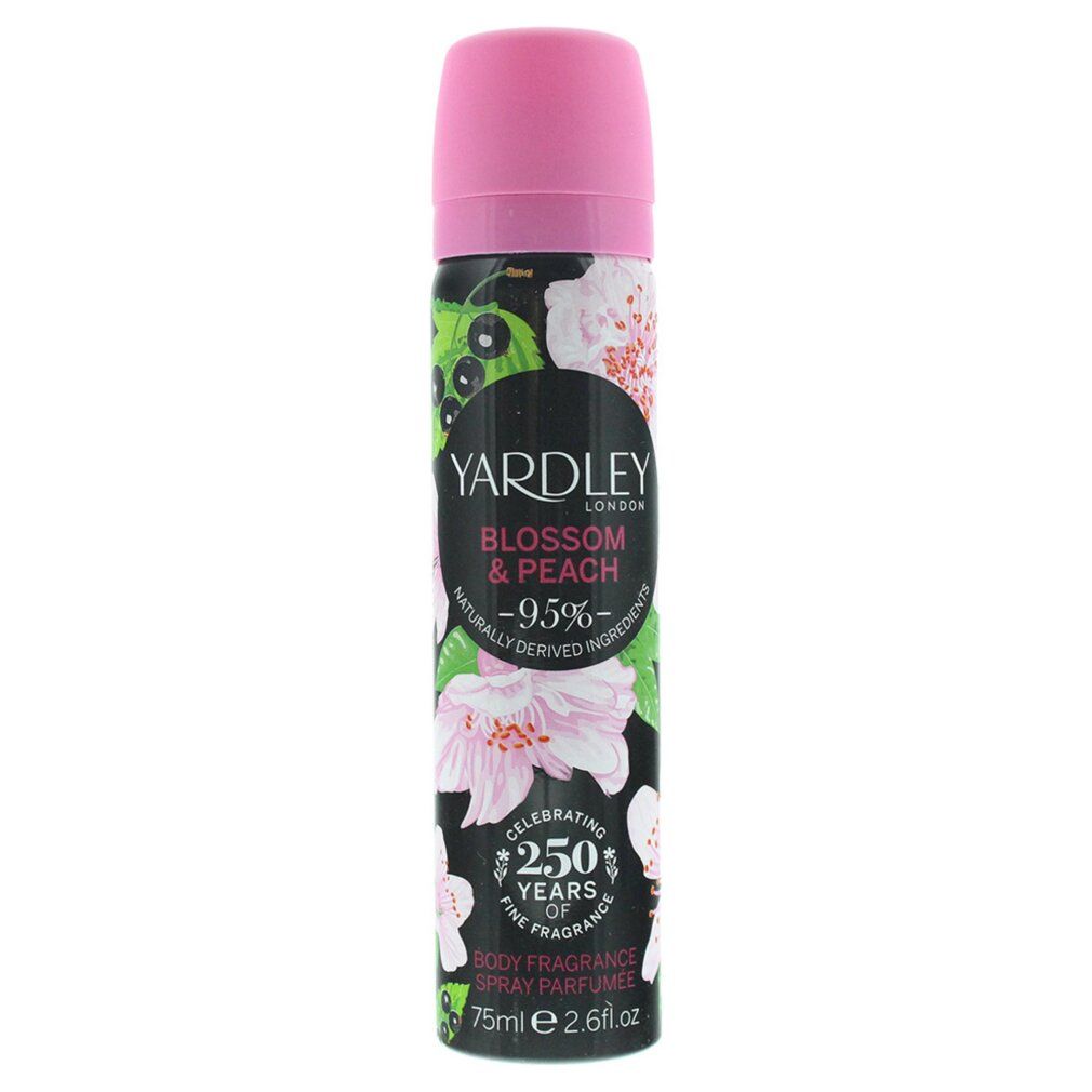 Körperspray mit rosa Kappe. Schwarzer Hintergrund mit Blumen und Text. "Yardley London Blossom & Peach". "250 Jahre".