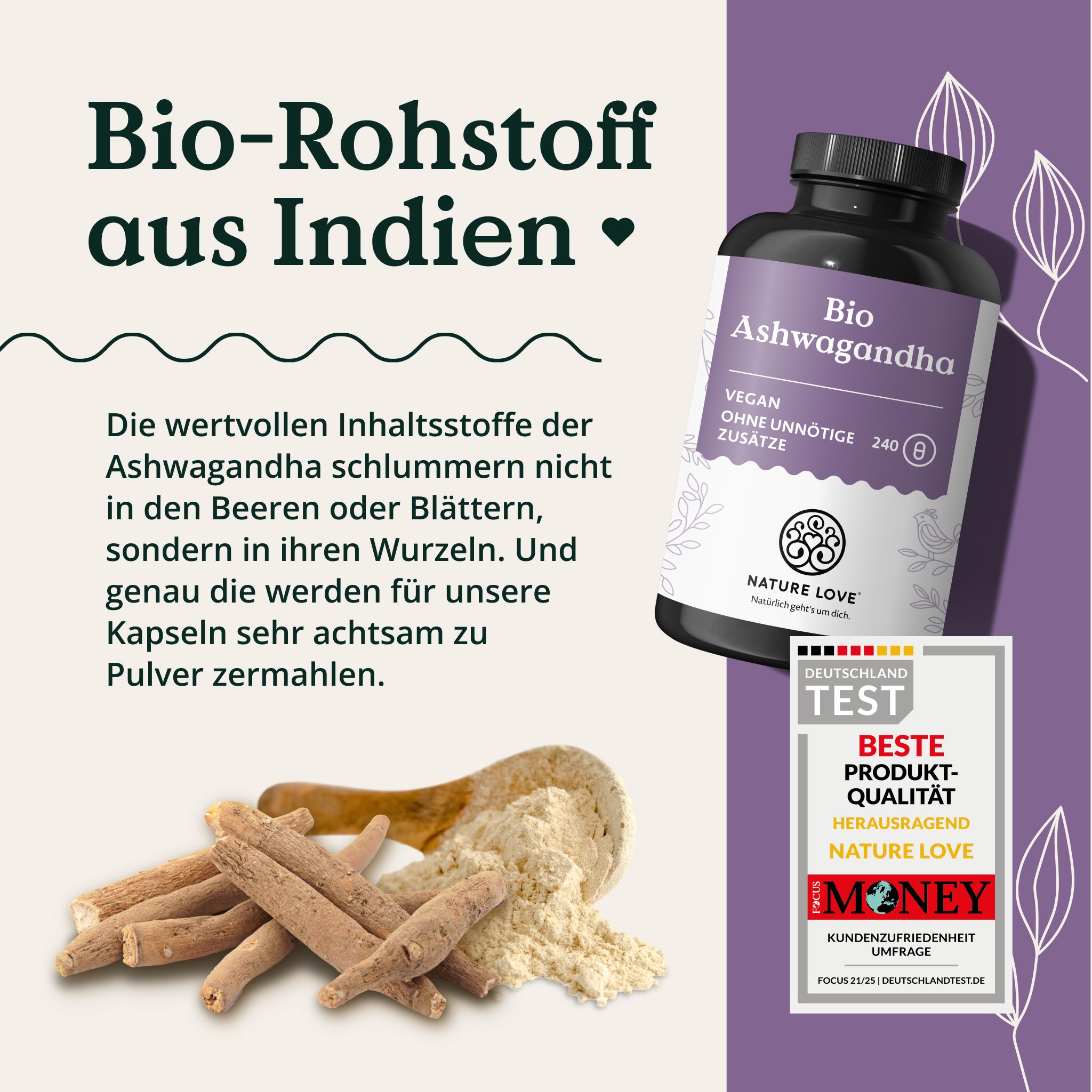 Flasche Bio Ashwagandha Kapseln, indische Wurzeln und Pulver auf Holzlöffel, Siegel 'Bio-Rohstoff aus Indien'.