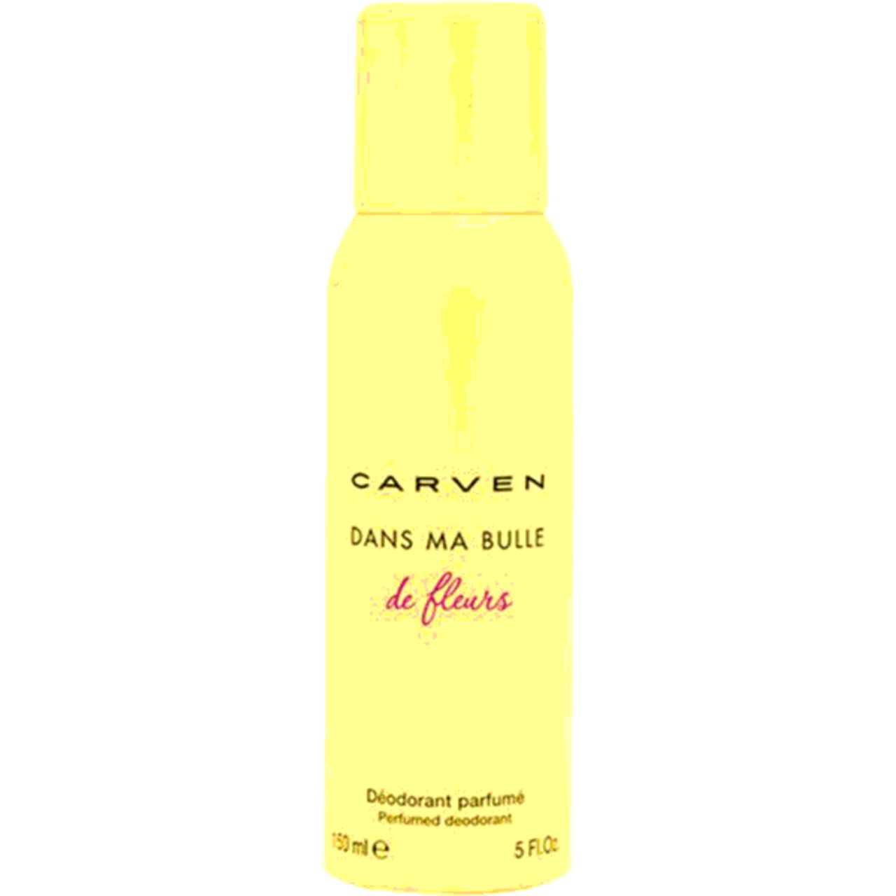 Gelbes Deodorant-Spray von Carven. Schriftzug: Dans Ma Bulle de Fleurs. Volumen: 150 ml.
