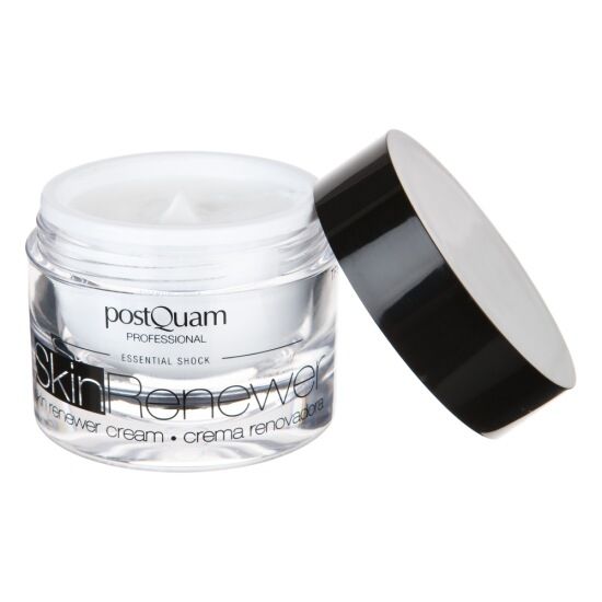 Glascreme mit geöffnetem Deckel. Aufschrift Skin Renewer und PostQuam Professional. Creme mit Glykolsäure.