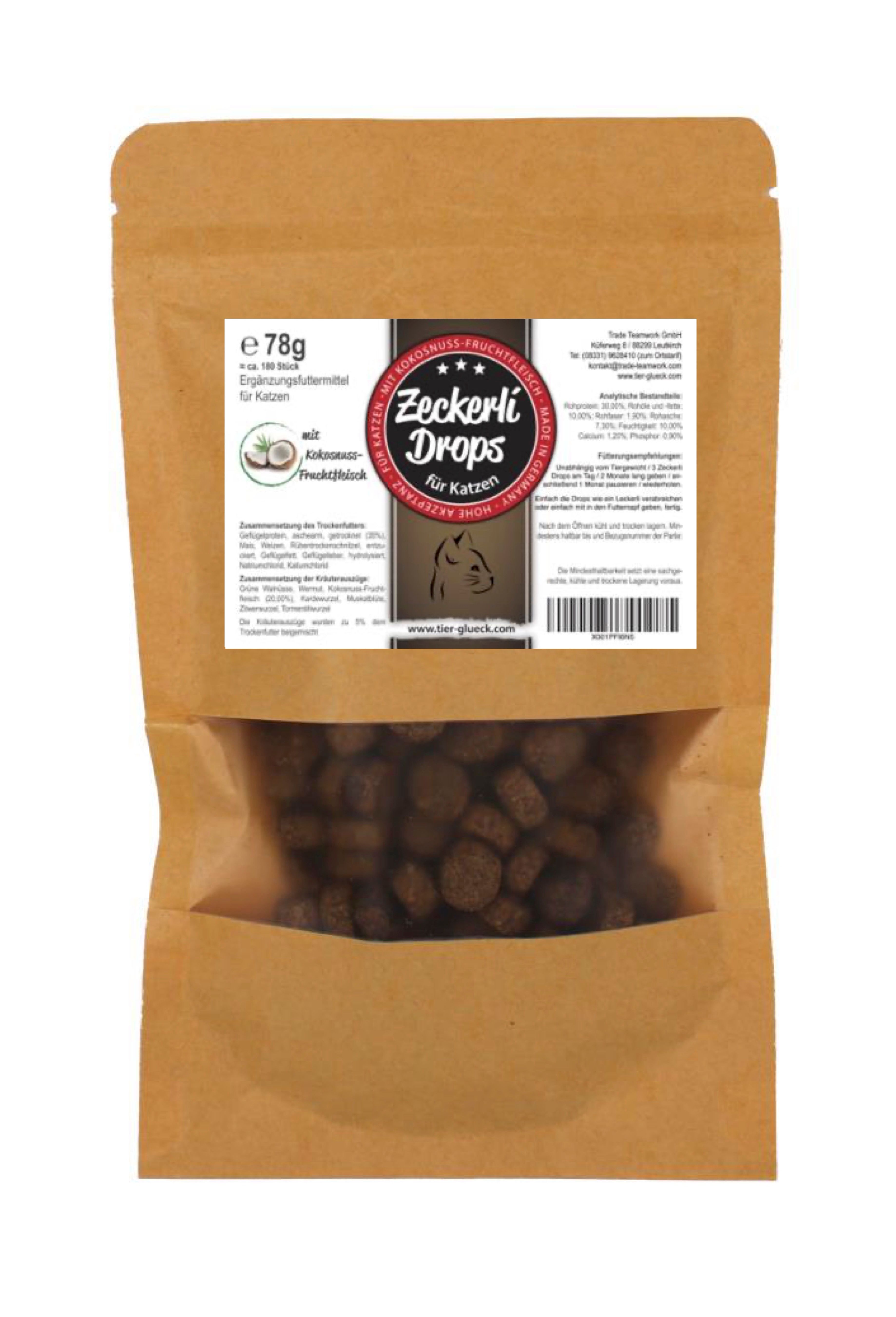 Beutel TierGlück Zeckerli Drops. Braune Papierverpackung mit Sichtfenster. Produktname, Logo, Inhaltsstoffe.