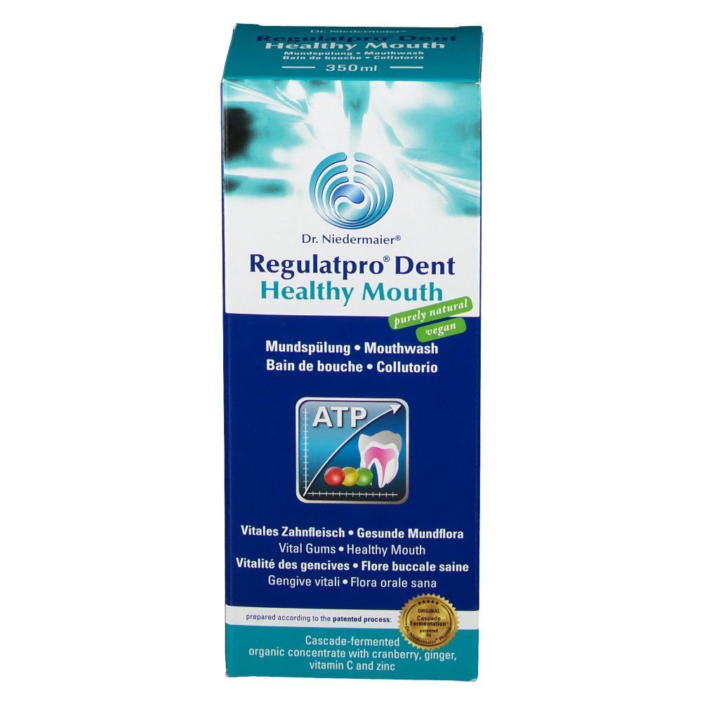 Karton mit Produktinformationen. Aufschrift: Regulatpro Dent Healthy Mouth. 350ml. Vegan. Mit Logo.