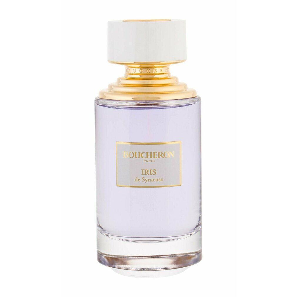 Parfümflasche mit goldfarbenem Verschluss, hellblauer Flüssigkeit. Aufschrift: BOUCHERON PARIS, Iris de Syracuse.