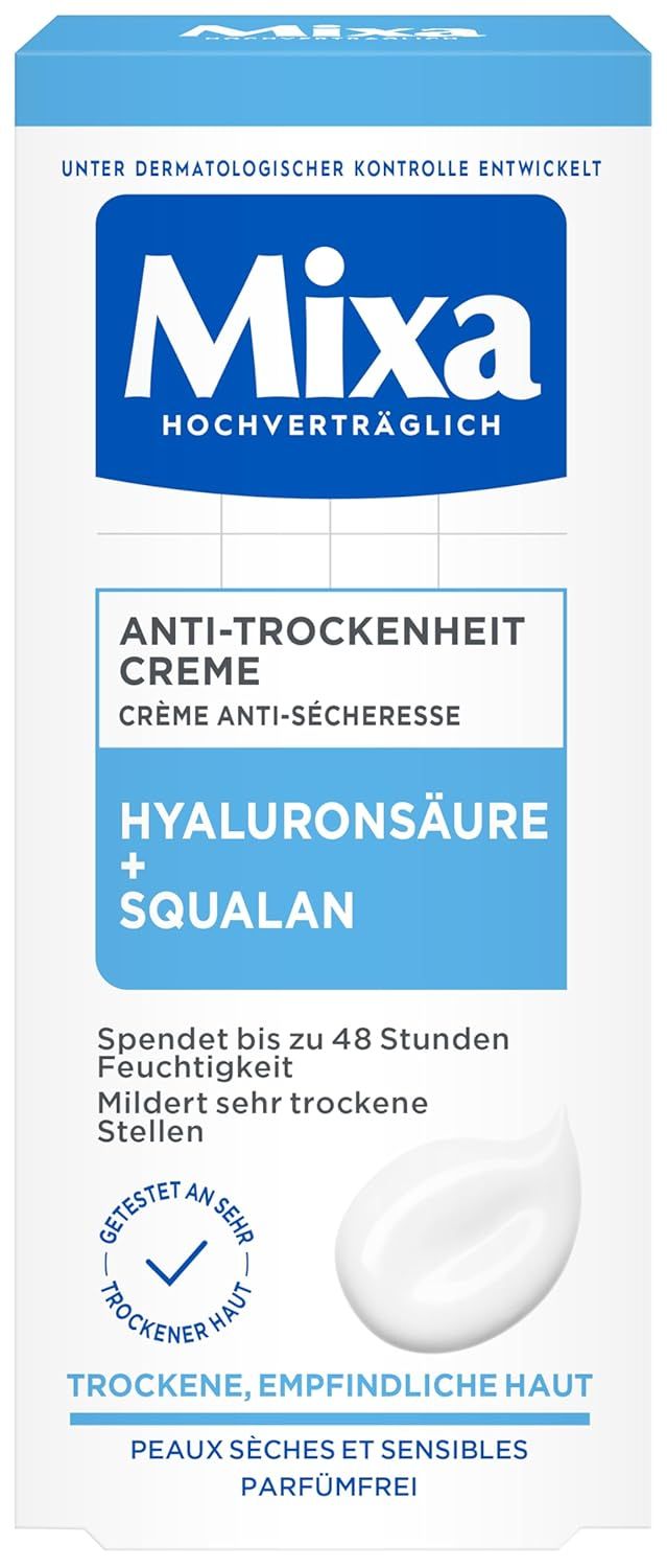 Verpackung der Creme. Aufschrift: Mixa, Anti-Trockenheit Creme, Hyaluronsäure + Squalane. Text: Für trockene, empfindliche Haut. Parfümfrei.