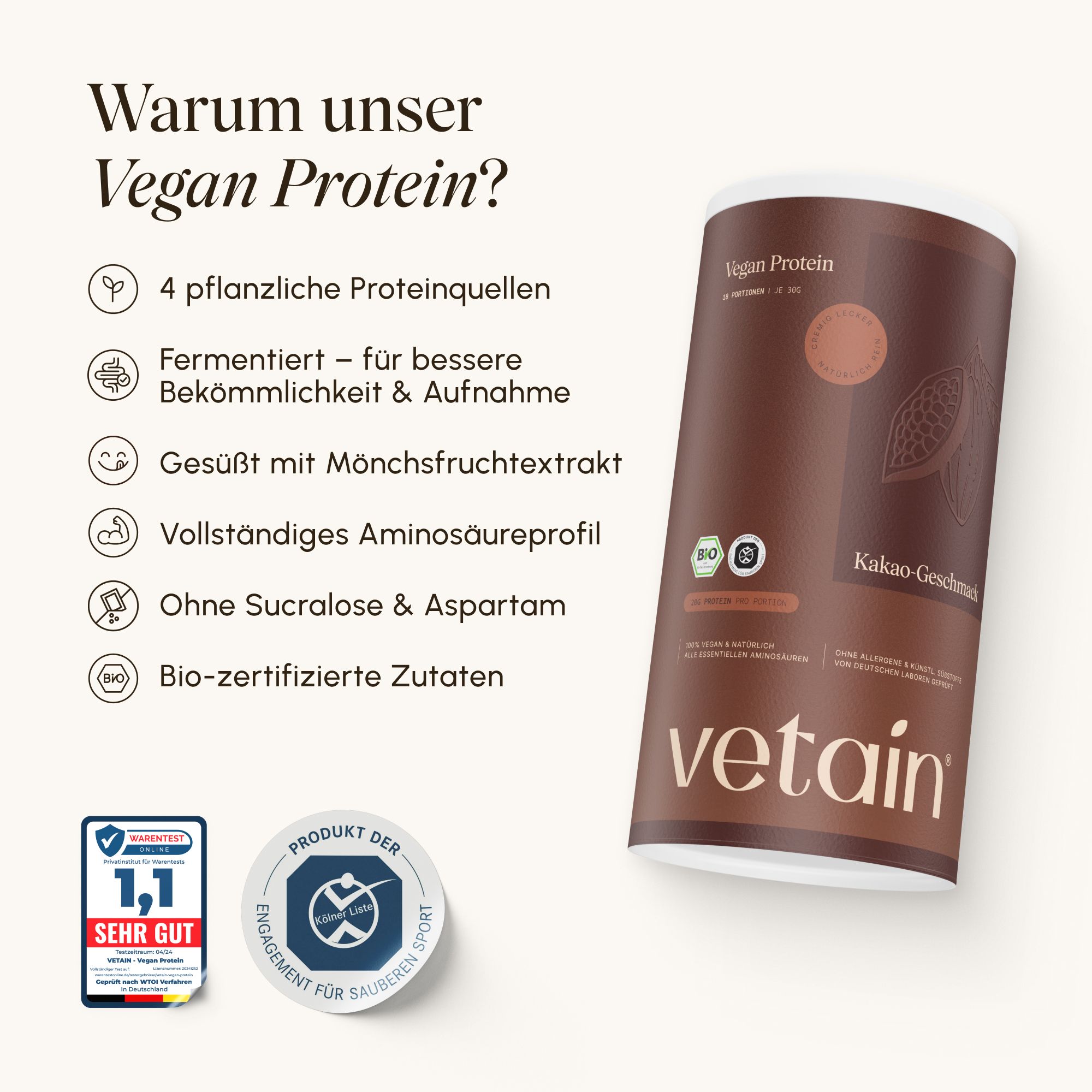 Dose mit 'Vegan Protein Kakao-Geschmack'. Aufschrift: 4 pflanzliche Proteinquellen, fermentiert, ohne Sucralose & Aspartam. Bio-Siegel.