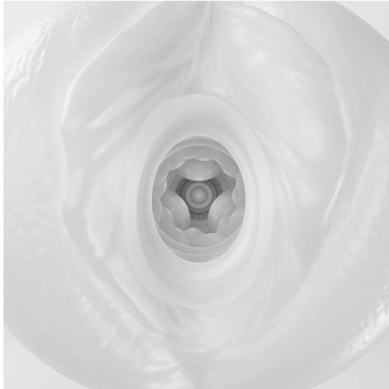 Nahaufnahme des Inneren eines weißen Masturbators. Sichtbar ist eine strukturierte Innenseite.