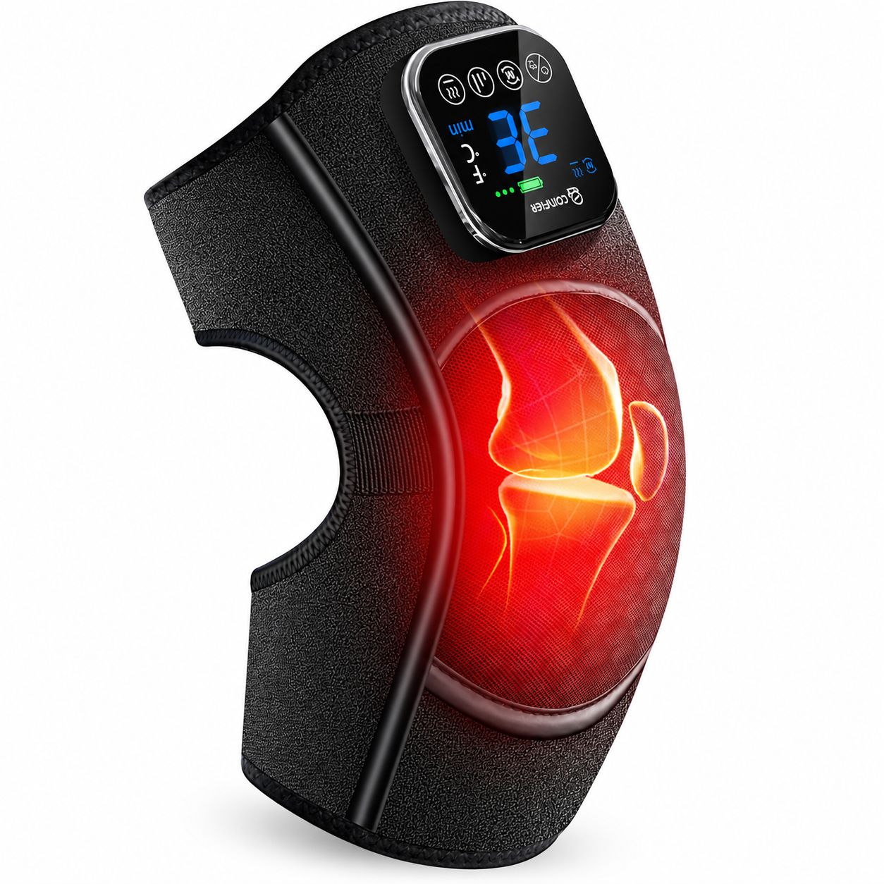 Knie-Therapiegerät mit Rotlicht, Wärme und Vibrationsmassage, mit digitalem Display und Timer.