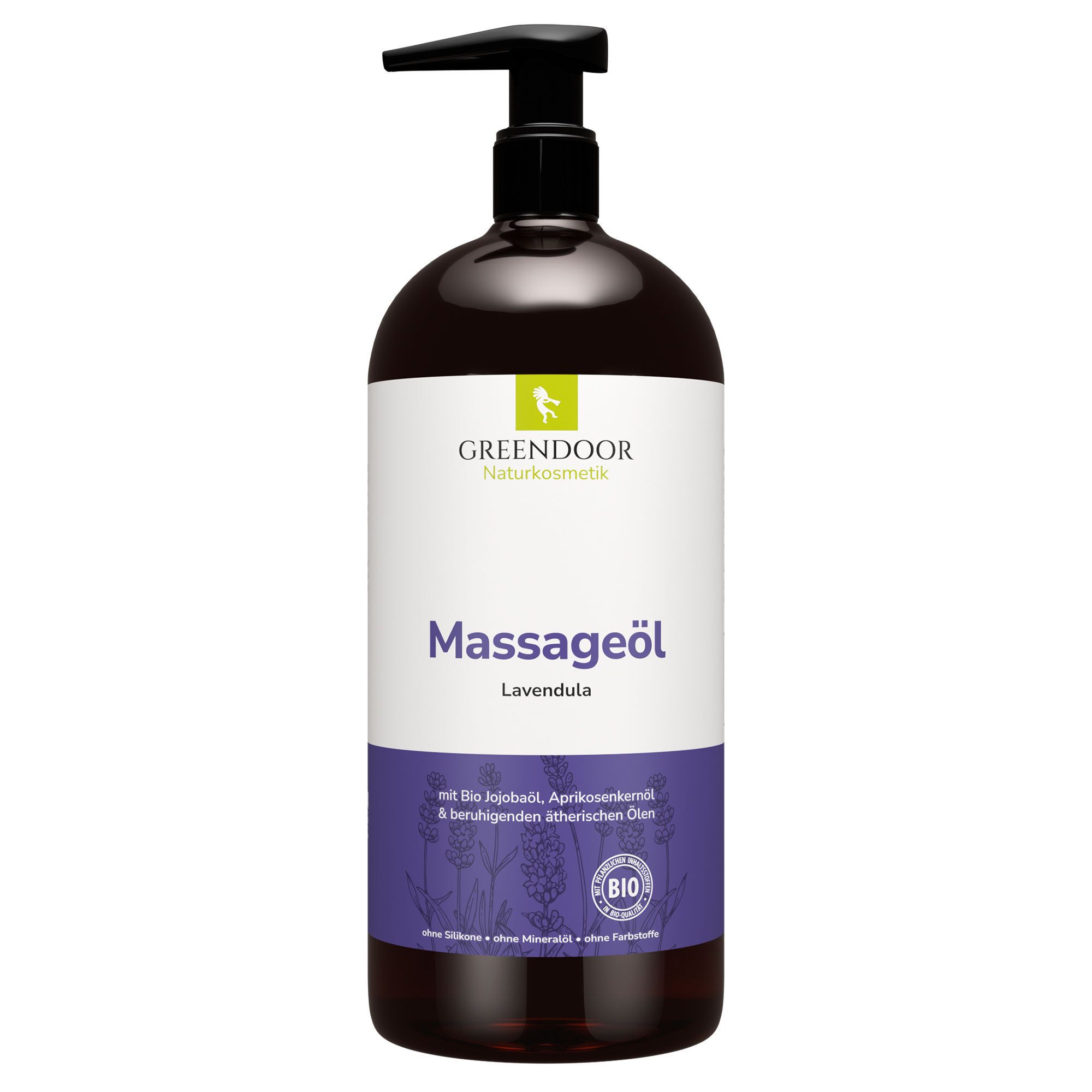 Braune Flasche mit schwarzem Pumpkopf. Aufschrift: GREENDOOR Naturkosmetik, Massageöl Lavendula, Bio-Siegel.