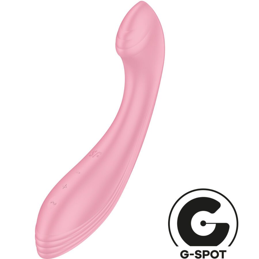 Rosa Vibrator mit gebogener Form. G-Spot-Logo und Bedienknöpfe. 
