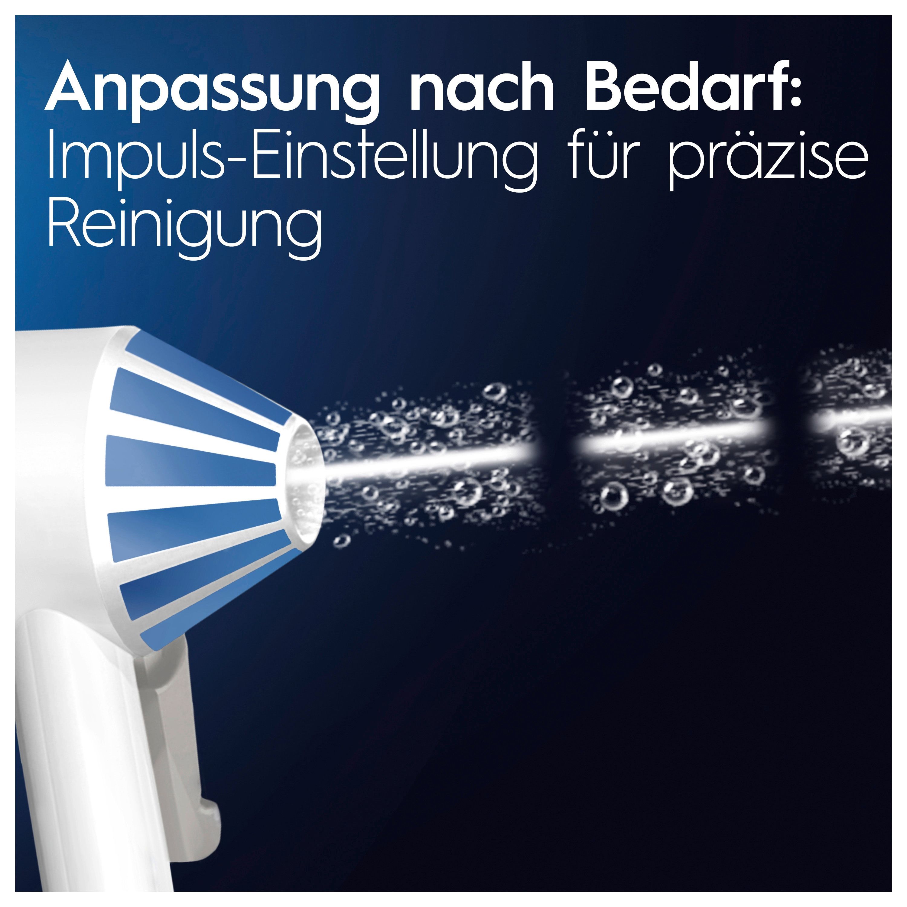 Nahaufnahme des Mundduschenaufsatzes, der einen Wasserstrahl erzeugt. Text: Anpassung nach Bedarf: Impuls-Einstellung.