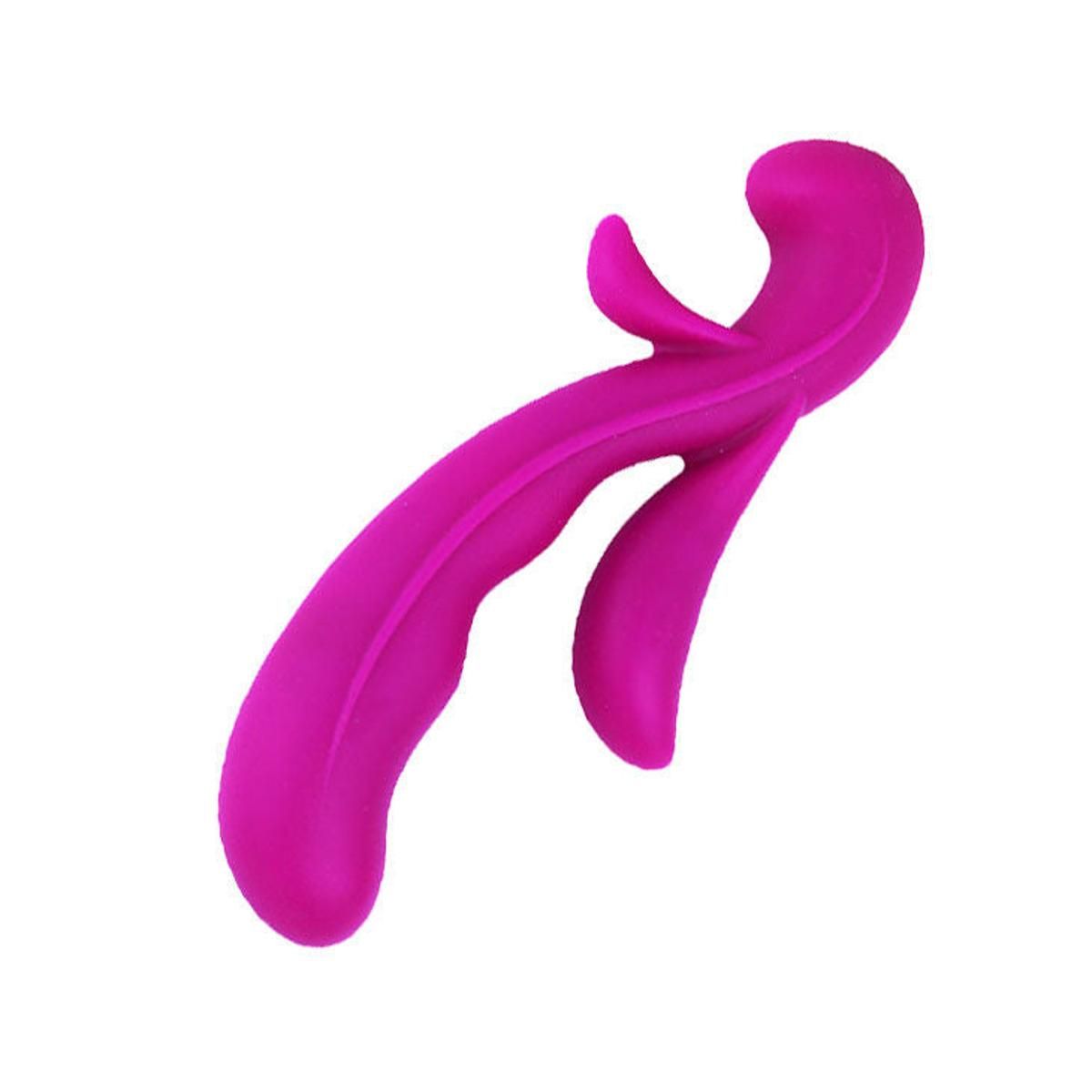 Pinkfarbener Vibrator mit geschwungener Form. Zwei Stimulationselemente. Aus Silikon.