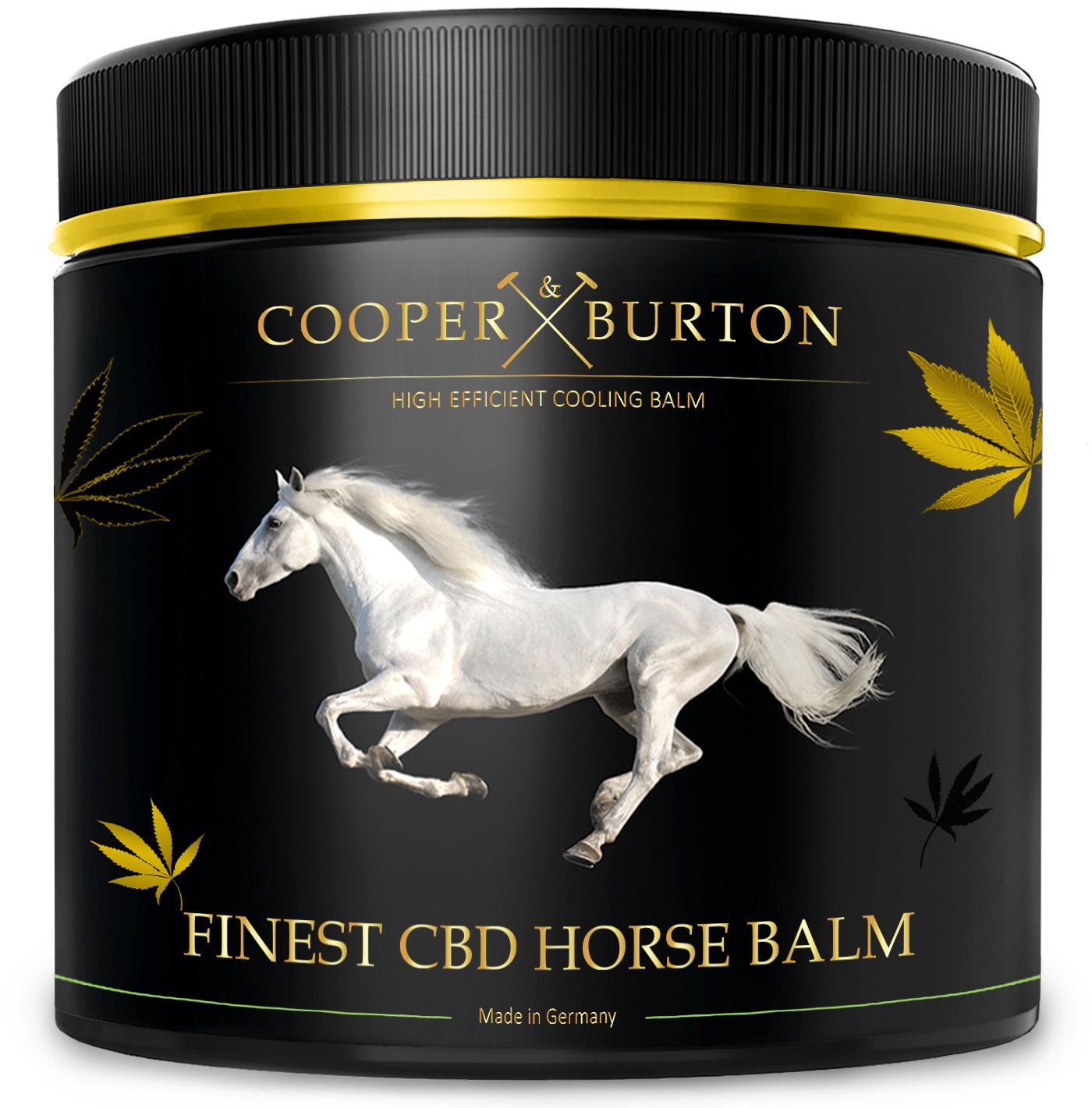 Schwarzer Tiegel mit goldener Aufschrift und weißem Pferd. Text: FINES CBD HORSE BALM. Marke: COOPER & BURTON.