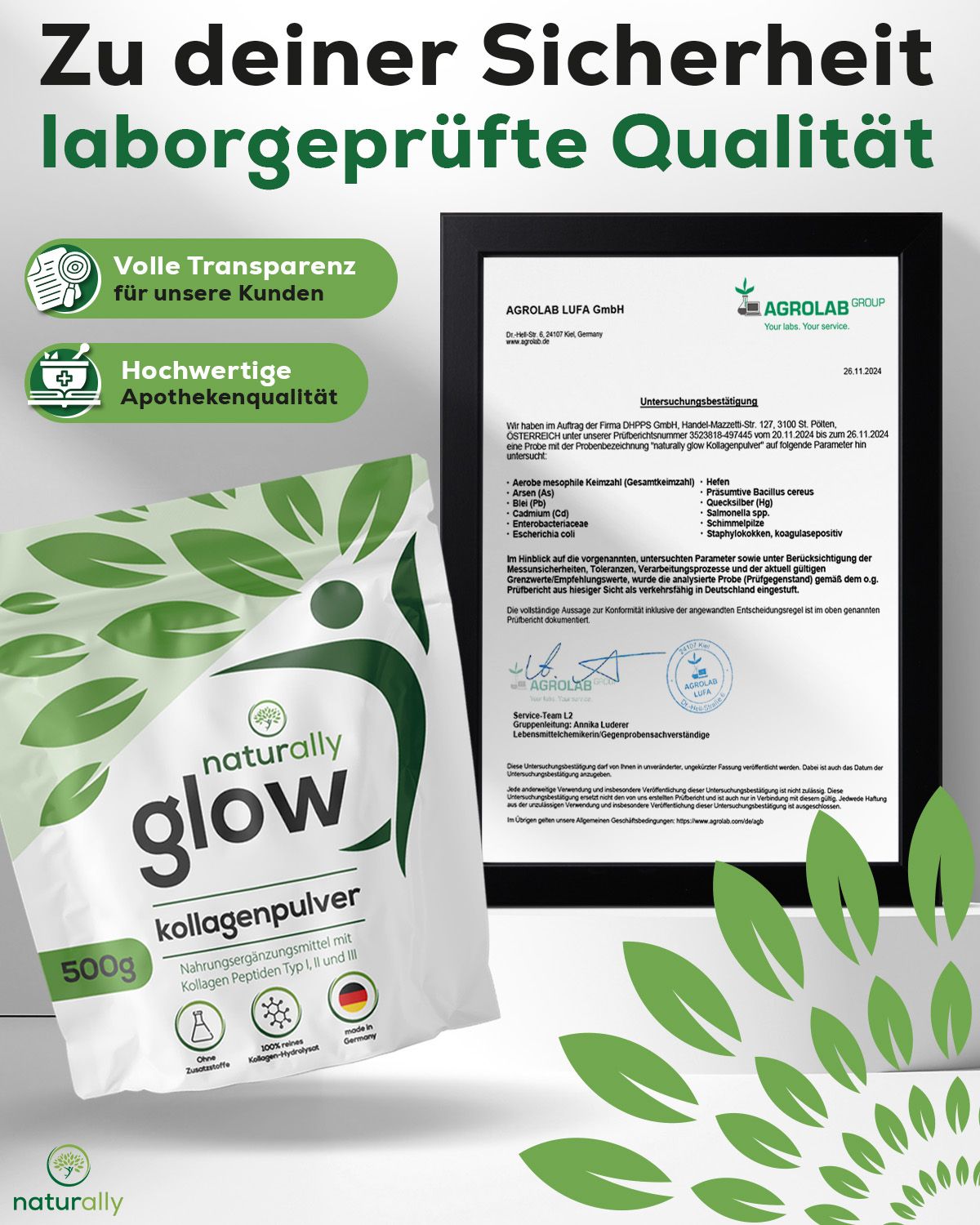 Weißer Beutel „naturally glow Kollagenpulver“ mit 500g neben einem Laborbericht. Text: Volle Transparenz, hochwertige Apothekenqualität.