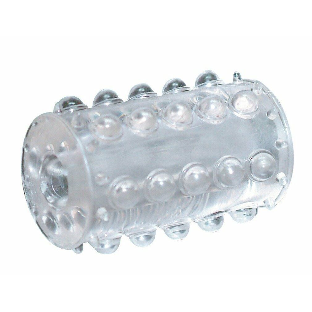 Zylindrisches, transparentes Wellness-Produkt mit Noppen. Material: Kunststoff. Mit Öffnung an beiden Enden.