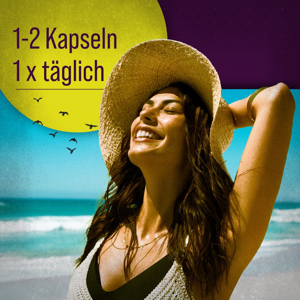 Eine Frau mit Hut am Strand. Text: 1-2 Kapseln 1 x täglich. Hintergrund: Strand, Sonne und Vögel.