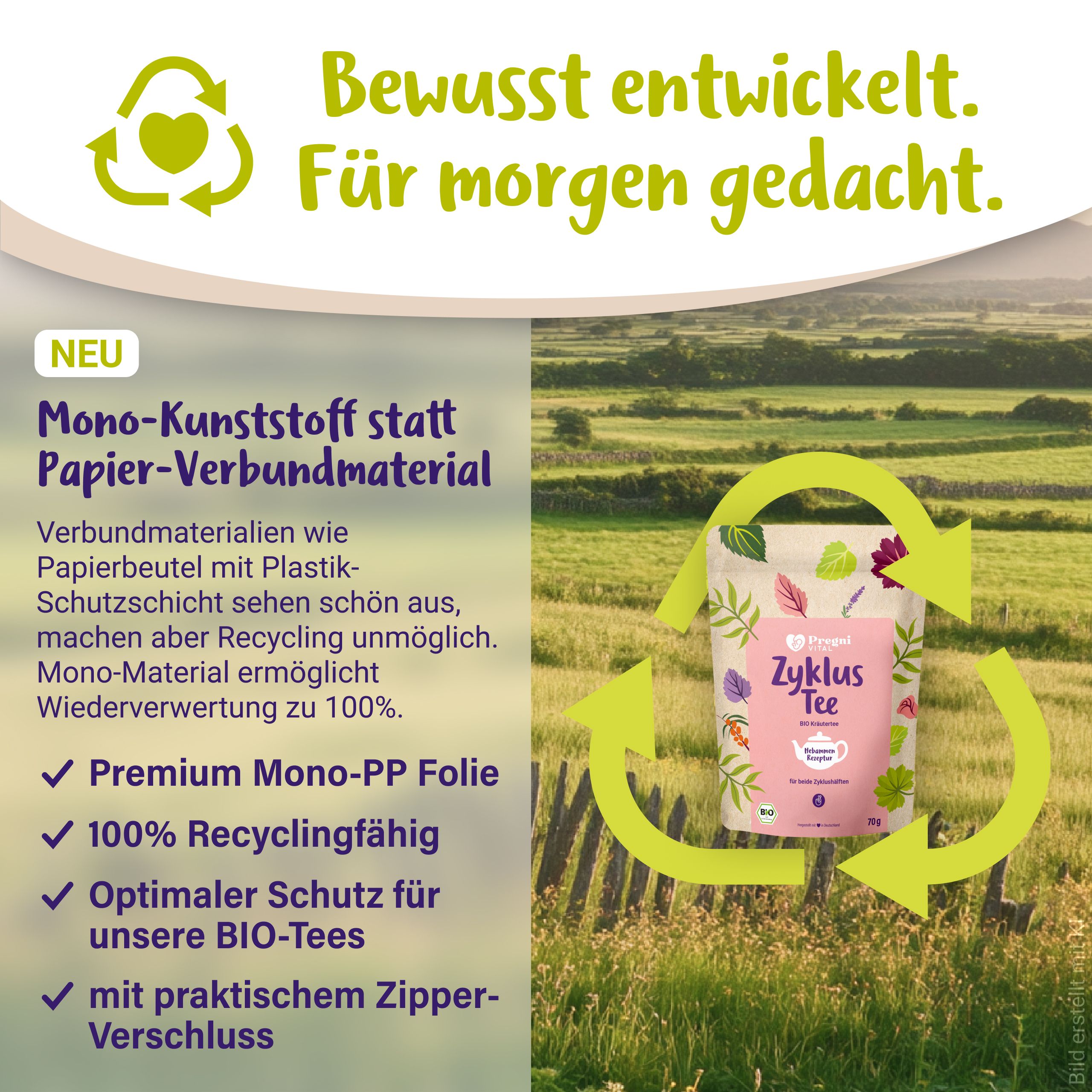 BIO Zyklustee Beutel in einer Landschaft, mit Recycling-Symbolen.