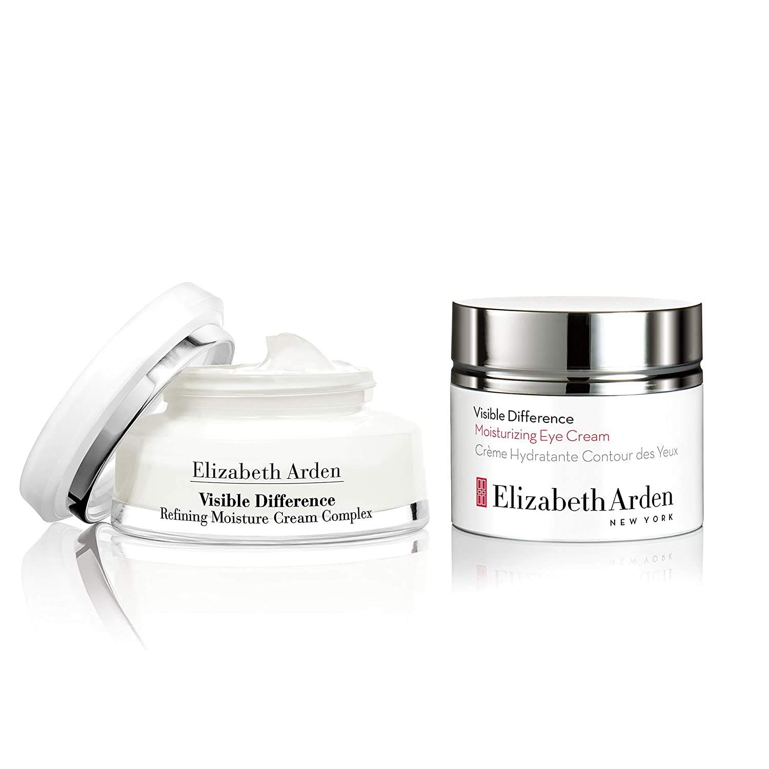 Zwei Cremetiegel. Einer geöffnet. Aufschrift: Elizabeth Arden Visible Difference. 
