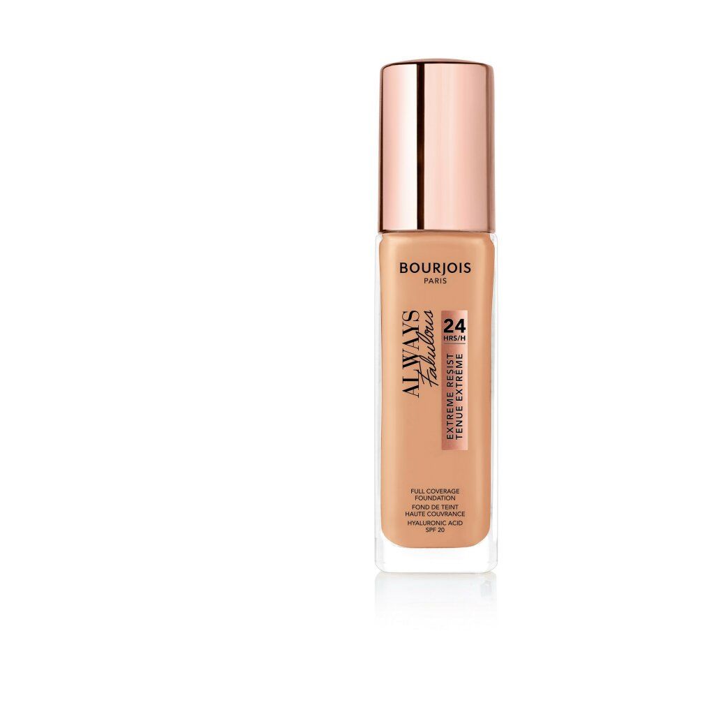 Foundation-Flakon. Marke Bourjois, Schriftzug Always Fabulous, 24H, SPF 20. Farbton sichtbar.