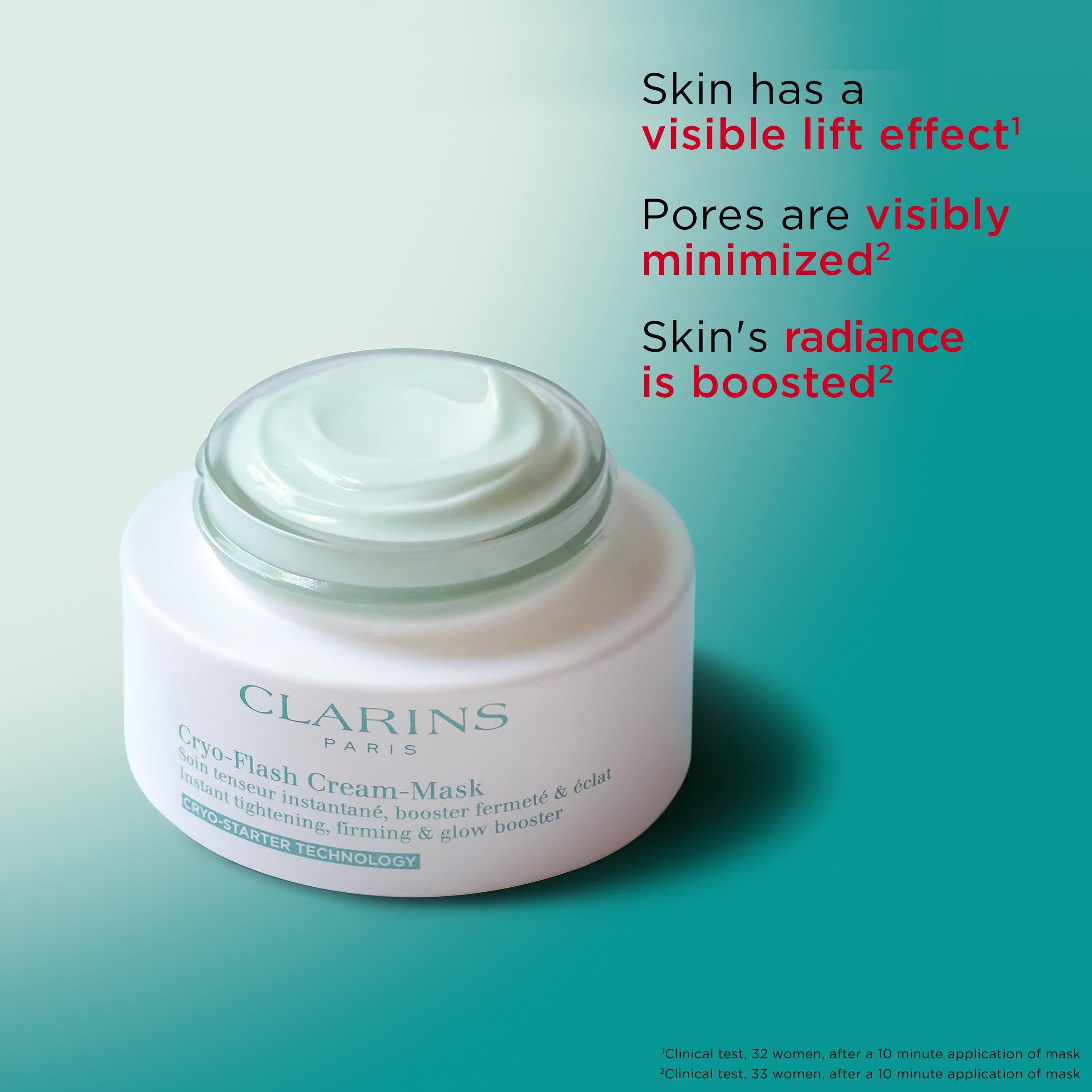 Weißer Tiegel mit Deckel. Aufschrift: Clarins, Cryo-Flash Cream-Mask. Text: Instant tightening, firming & glow booster. Creme sichtbar.