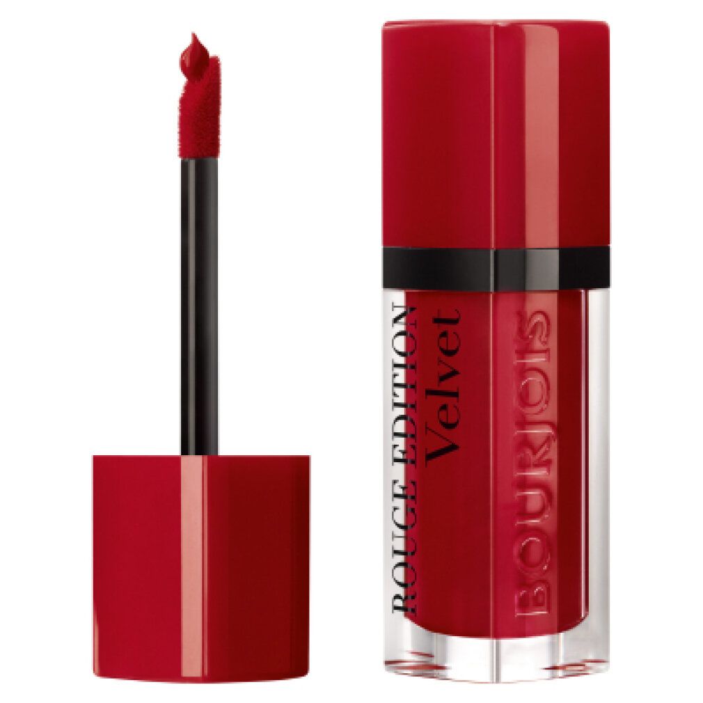 Roter Lippenstift mit geöffnetem Applikator. Schwarzer Applikator. Roter Deckel. Text: "ROUGE EDITION Velvet" und "BOURJOIS".