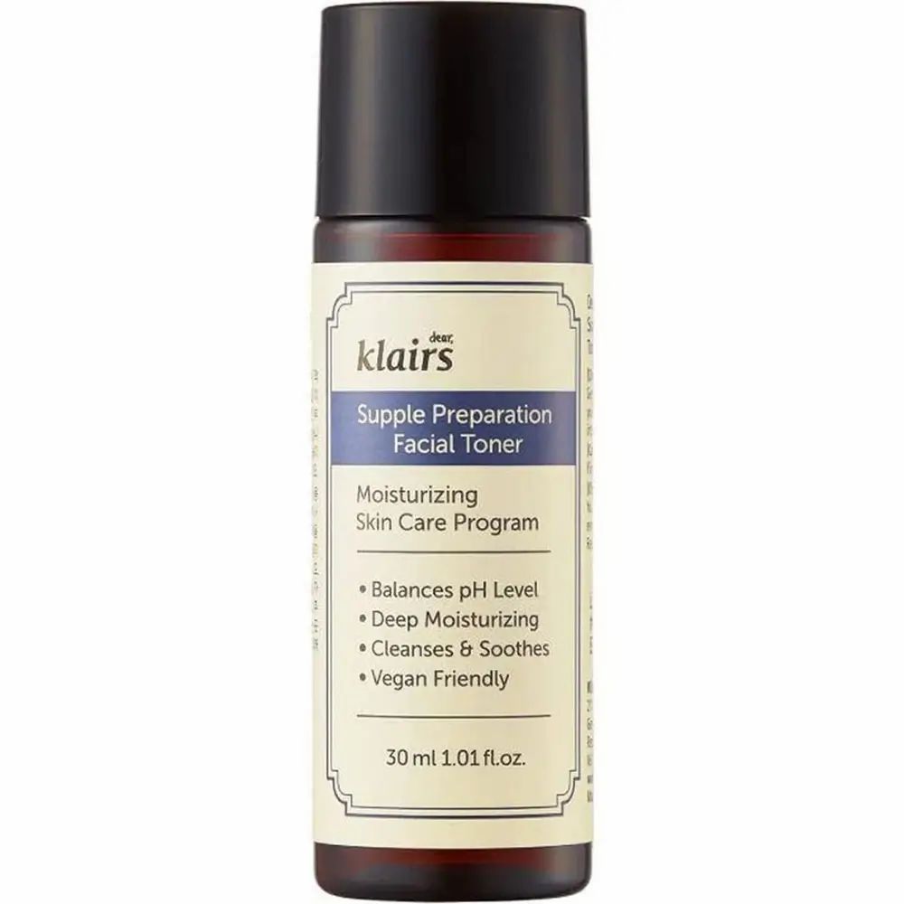 Braune Flasche mit schwarzem Deckel. Aufschrift: Supple Preparation Facial Toner. 30 ml.