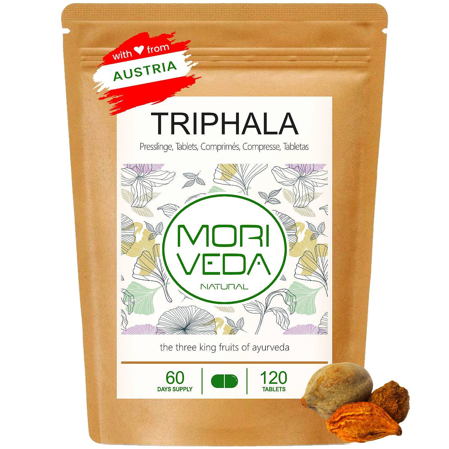 Braune Tüte mit weißem Etikett. Aufschrift: Triphala Presslinge. Logo: Moriveda Natural. 120 Tabletten. Mit österreichischem Siegel.