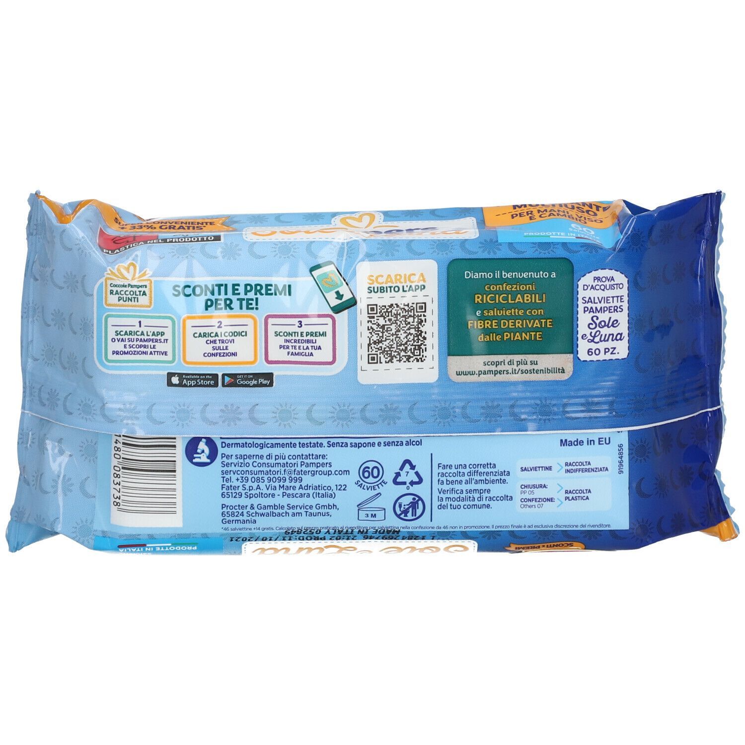 Retro confezione Pampers Sole e Luna. Testo: 'Sconti e premi per te!'. Codice QR. Informazioni sul riciclo.