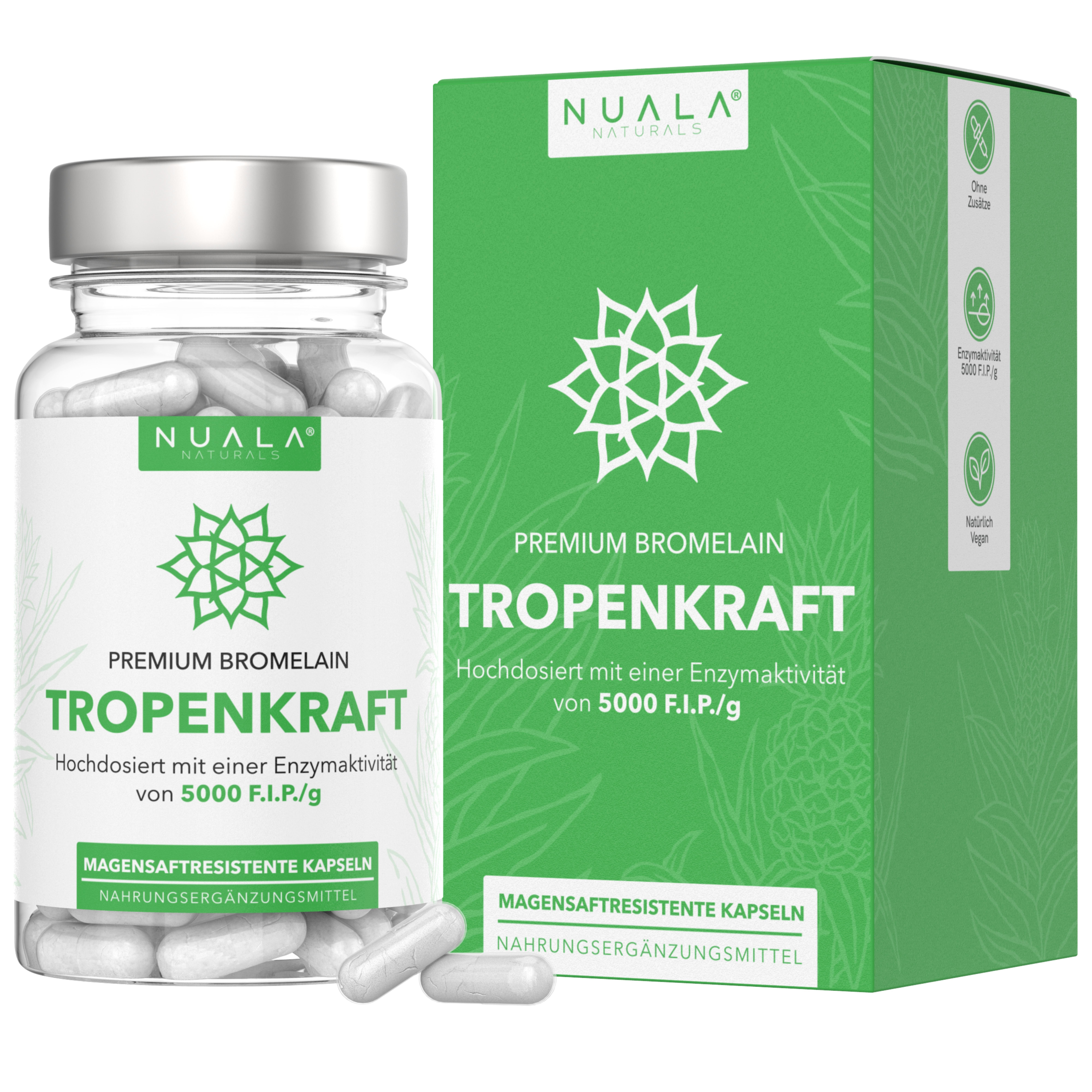 Eine Flasche Nuala Naturals® Tropenkraft und eine Schachtel. Kapseln liegen daneben. Auf der Flasche steht Tropenkraft.