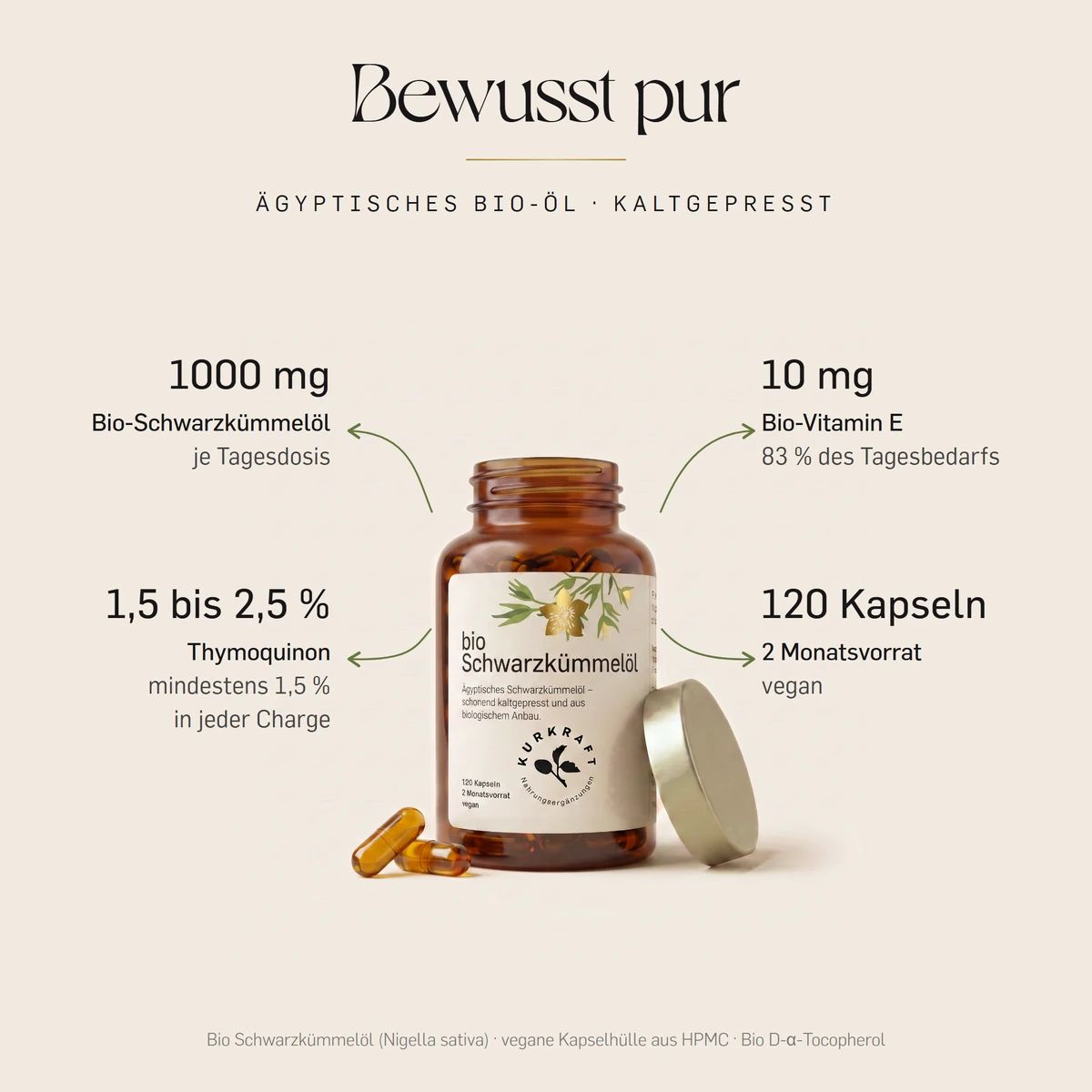 Kurkraft Bio Schwarzkümmelöl: 1000 mg Öl, 1,5-2,5% Thymoquinon, 120 Kapseln, vegan.