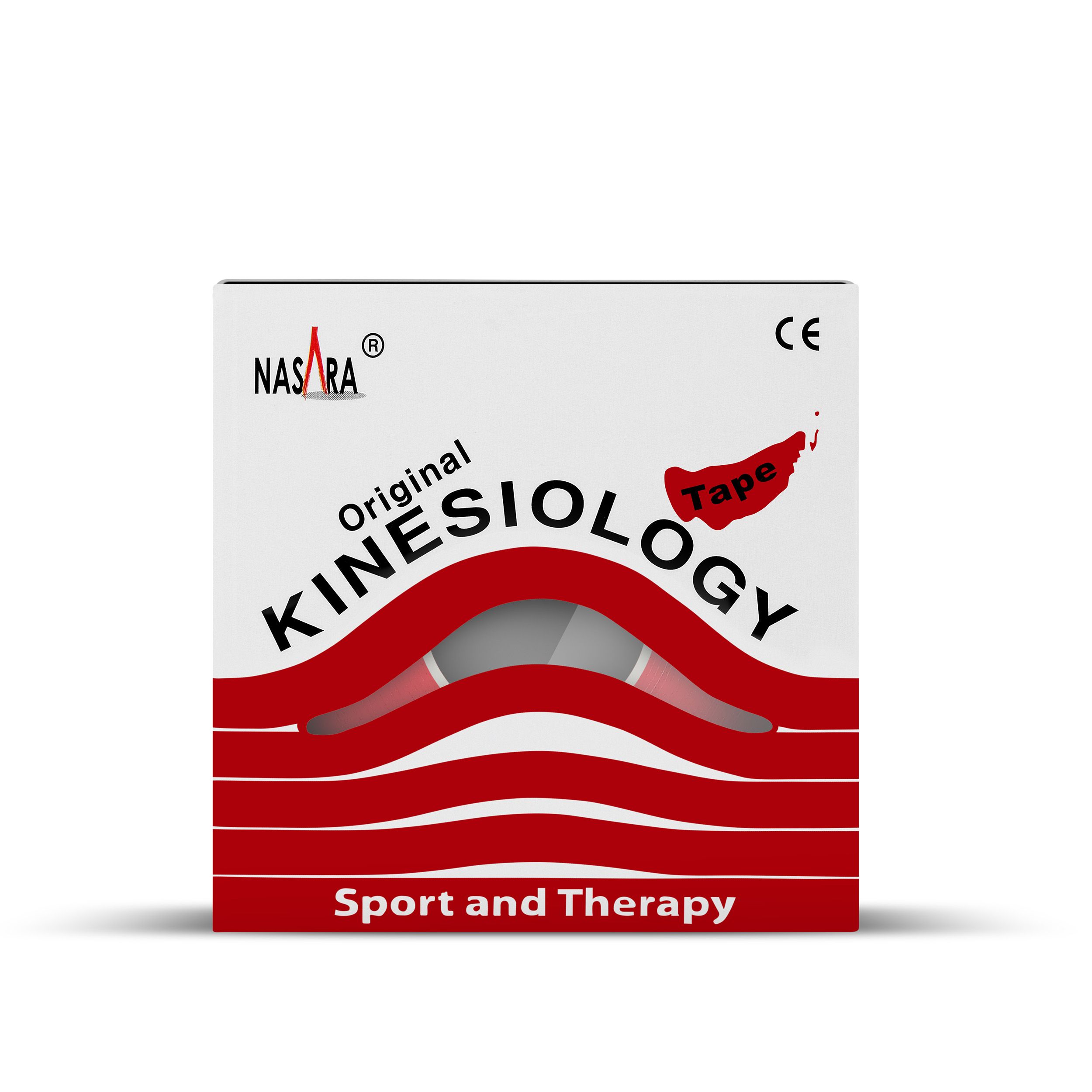 Kinesiologie Tape Box. Weiß mit roter Schrift. NASARA Logo. CE-Zeichen. "Original Kinesiology".