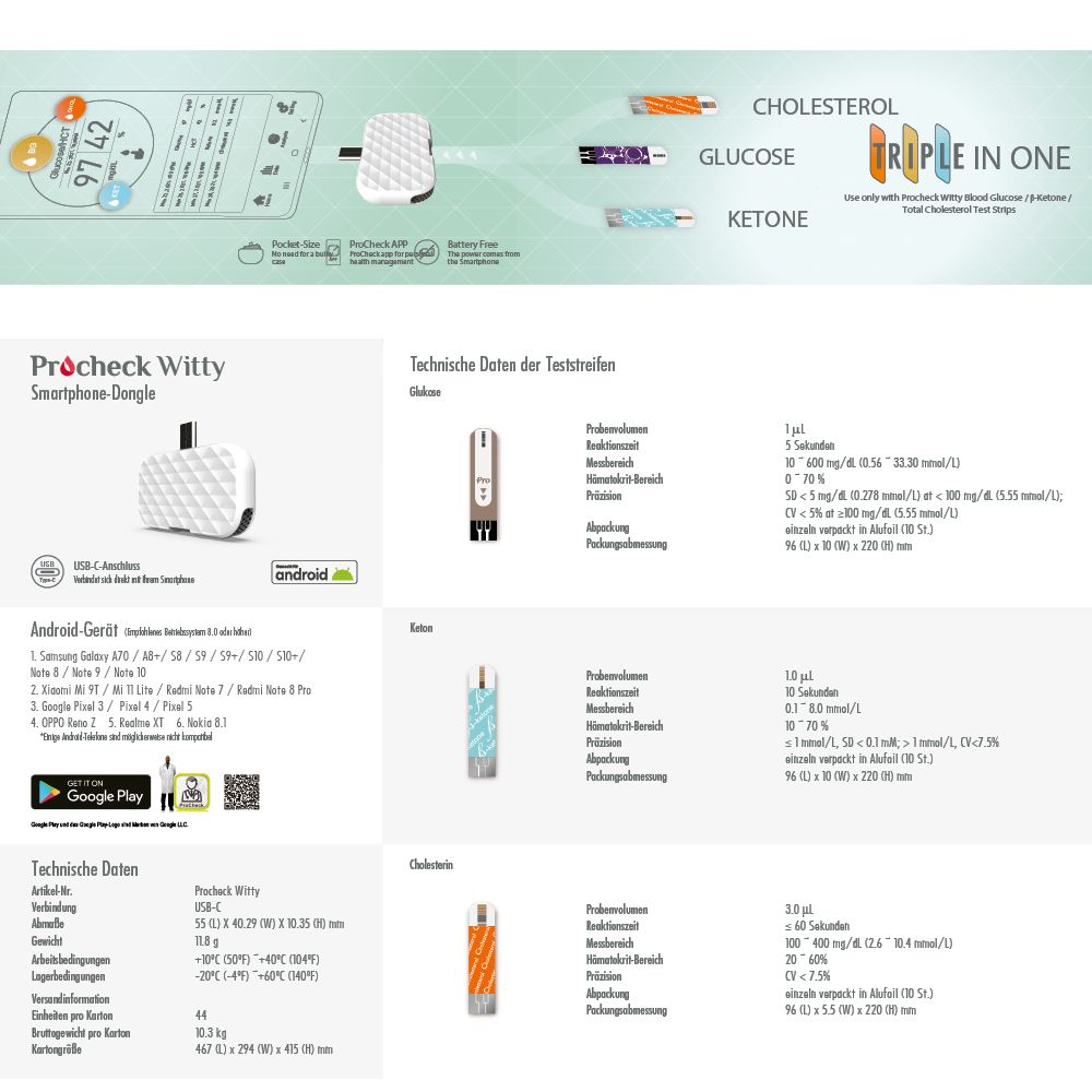 Procheck Witty Multi Dongle im Starterset- inkl. Cholesterin, Keton, Blutzucker Teststreifen