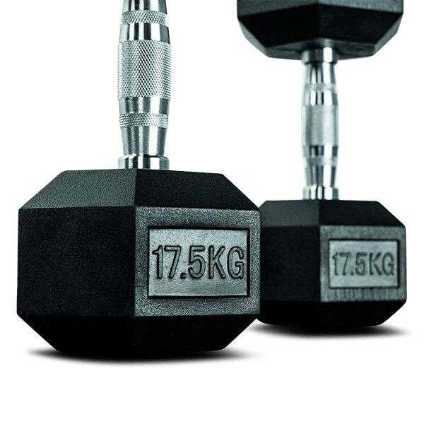 Zwei schwarze Kurzhanteln mit sechseckigen Köpfen. Aufgedruckt: 17.5KG. Griffe aus Metall.